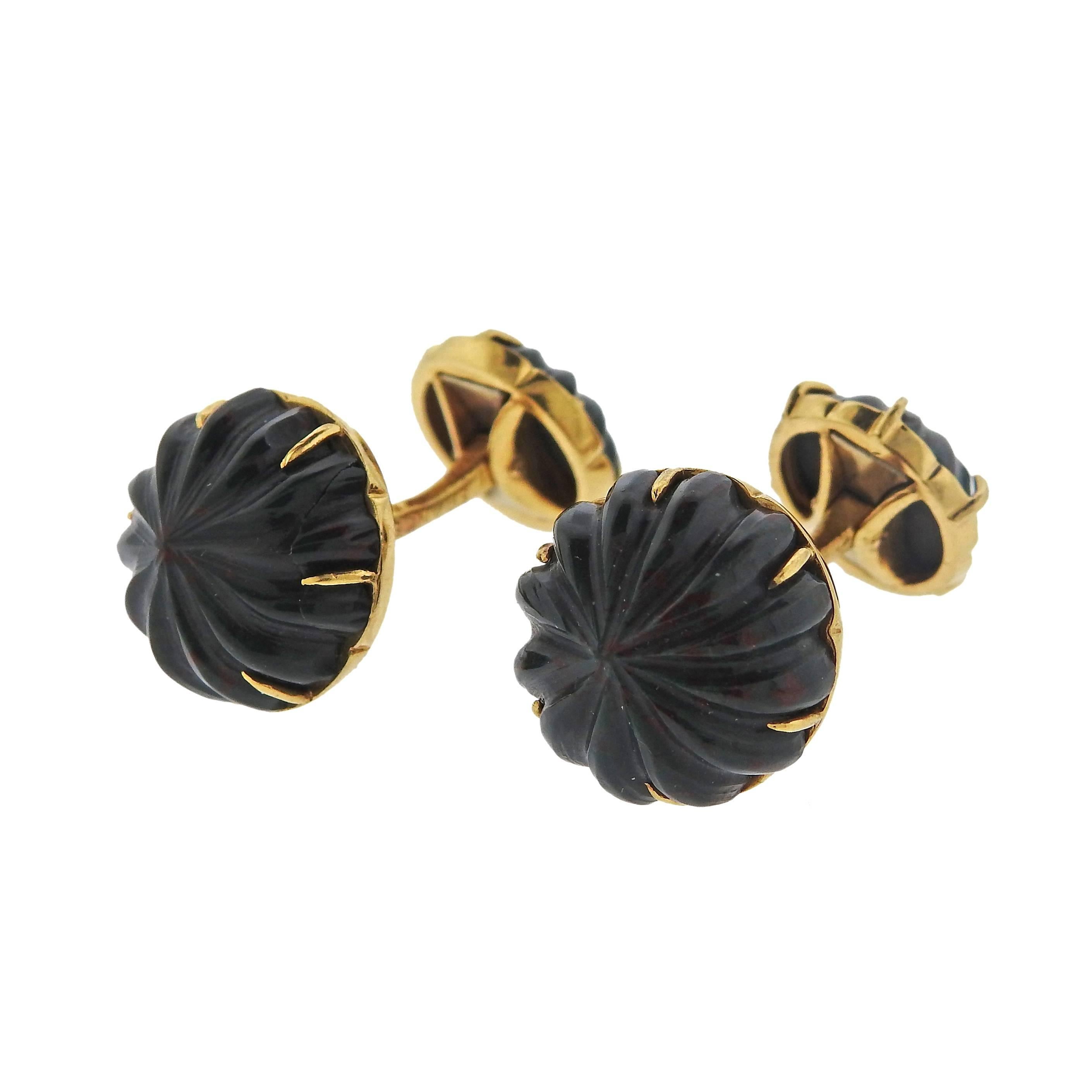 French Tiffany & Co. Gold Carved Bloodstone Cufflinks For Sale