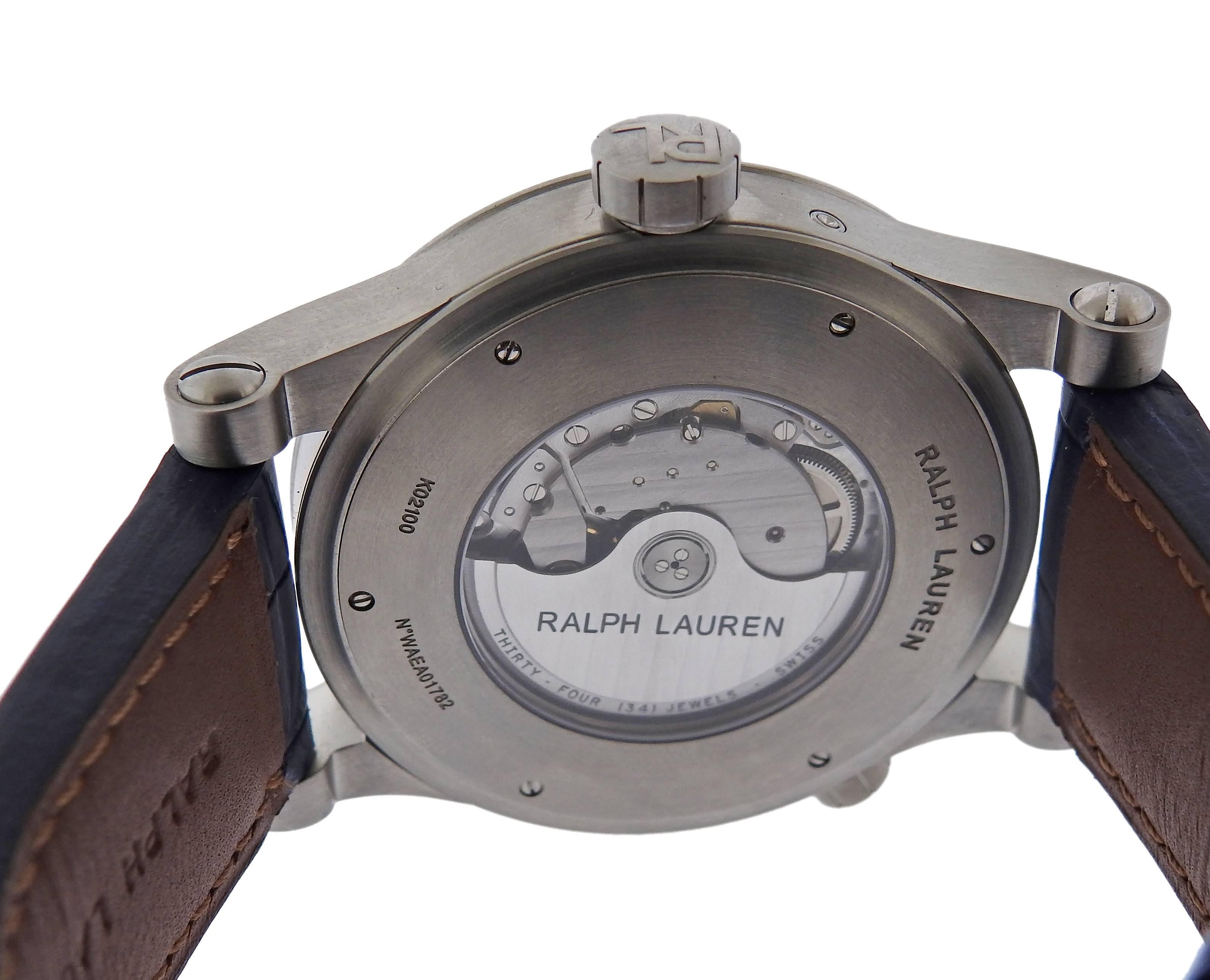 Ralph Lauren Stainless Steel World Time Moon Phase Automatic Wristwatch In Excellent Condition In Lambertville, NJ