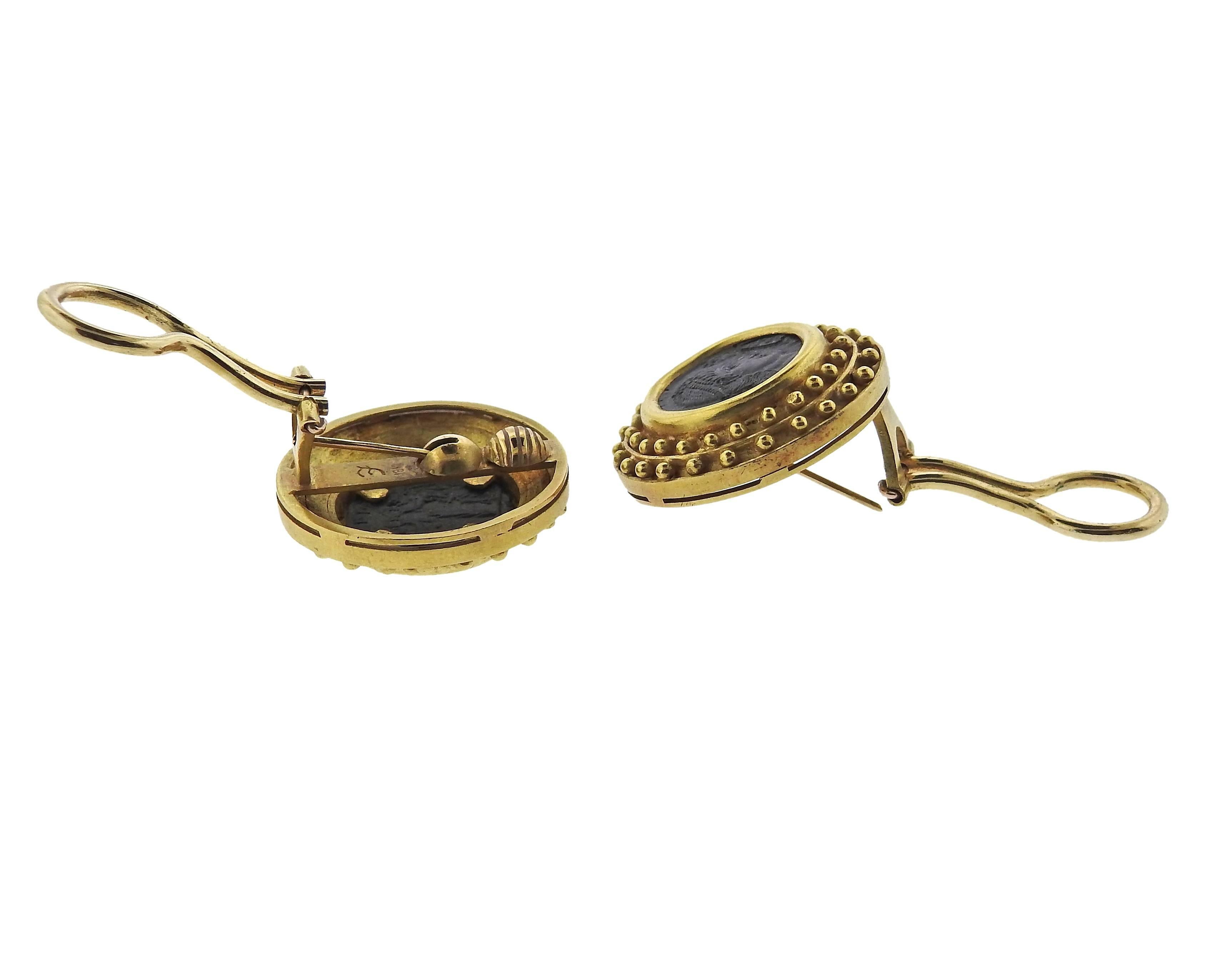 Pair of 18k gold earrings, crafted by Elizabeth Locke, set with ancient coins. Earrings measure 25mm in diameter , collapsible posts . Weight - 27.6 grams. Marked with Locke mark and 18k. 