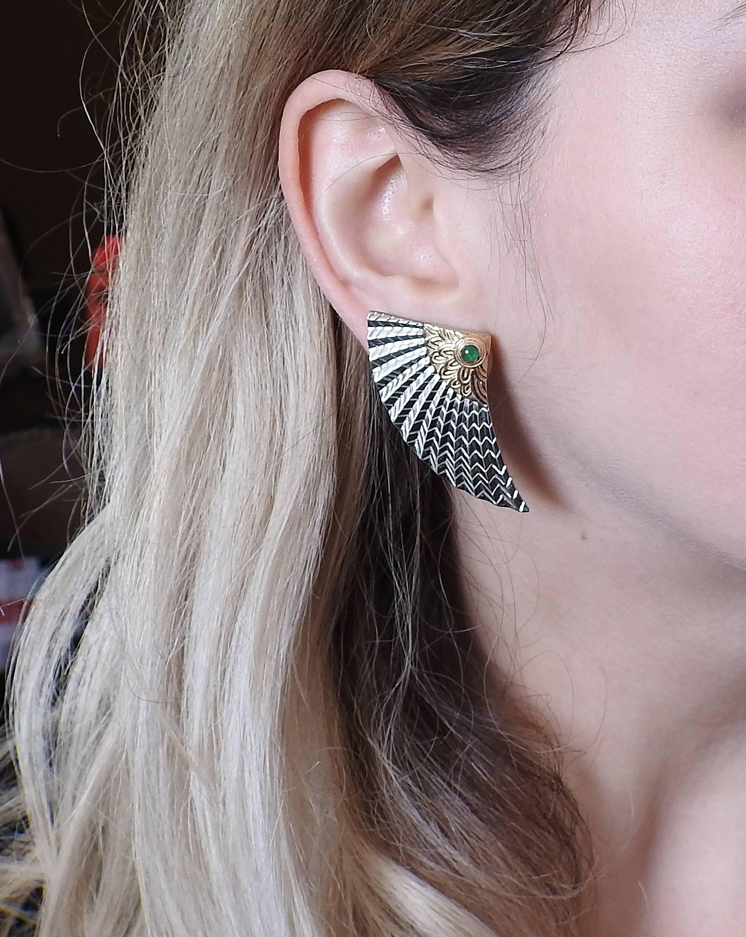 Women's or Men's Erte Emerald Gold Silver Earrings