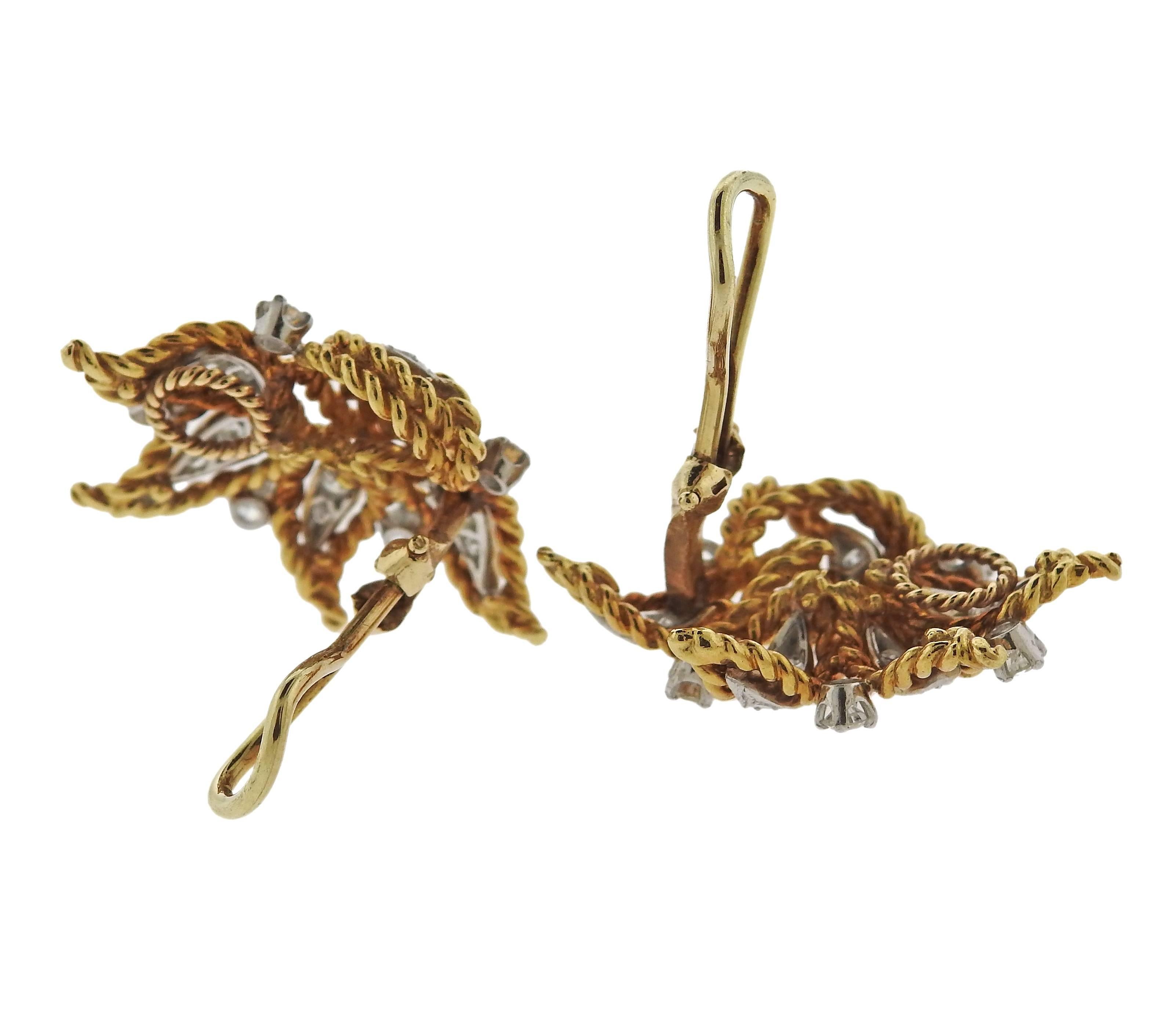 Mid-Century Diamond Gold Earrings In Excellent Condition In Lambertville, NJ
