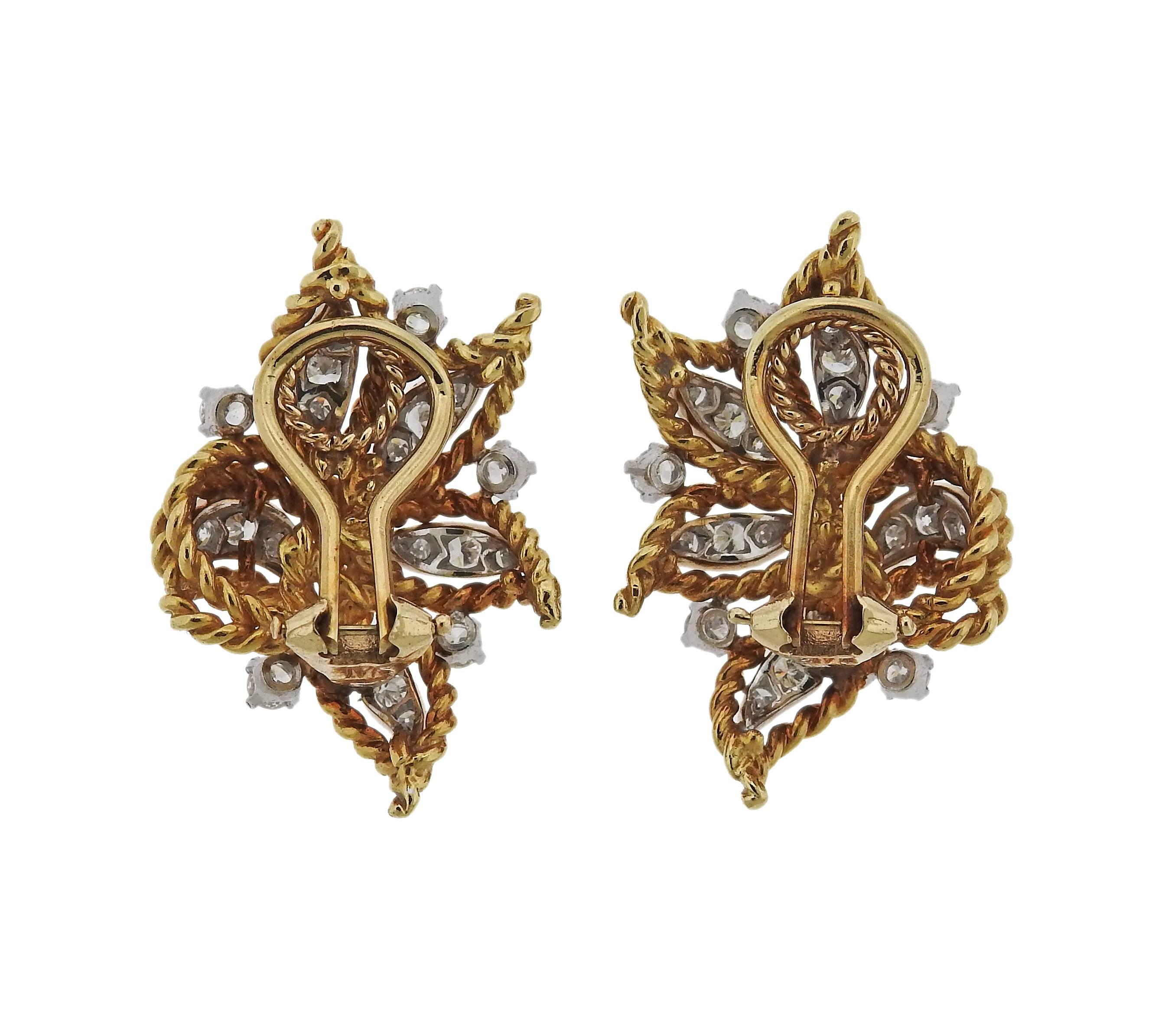 Women's or Men's Mid-Century Diamond Gold Earrings