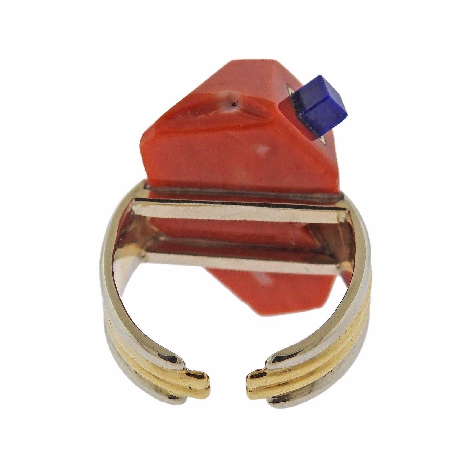 Women's Carvin French Coral Lapis Gold Ring For Sale