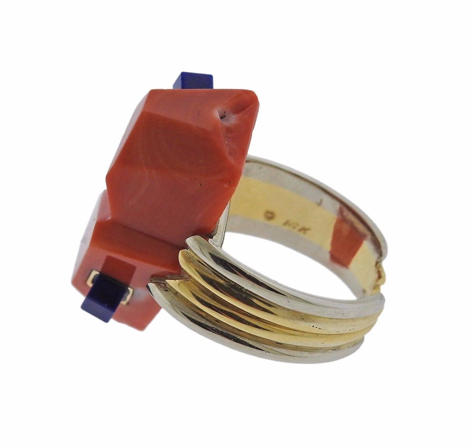 Carvin French Coral Lapis Gold Ring For Sale 1