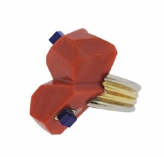 Carvin French Coral Lapis Gold Ring