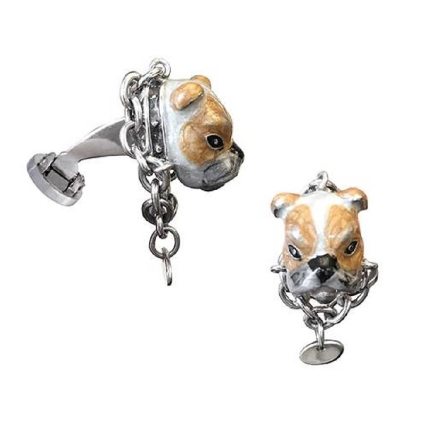 Jan Leslie Bulldog with Chain Collar Enamel Silver Cufflinks
