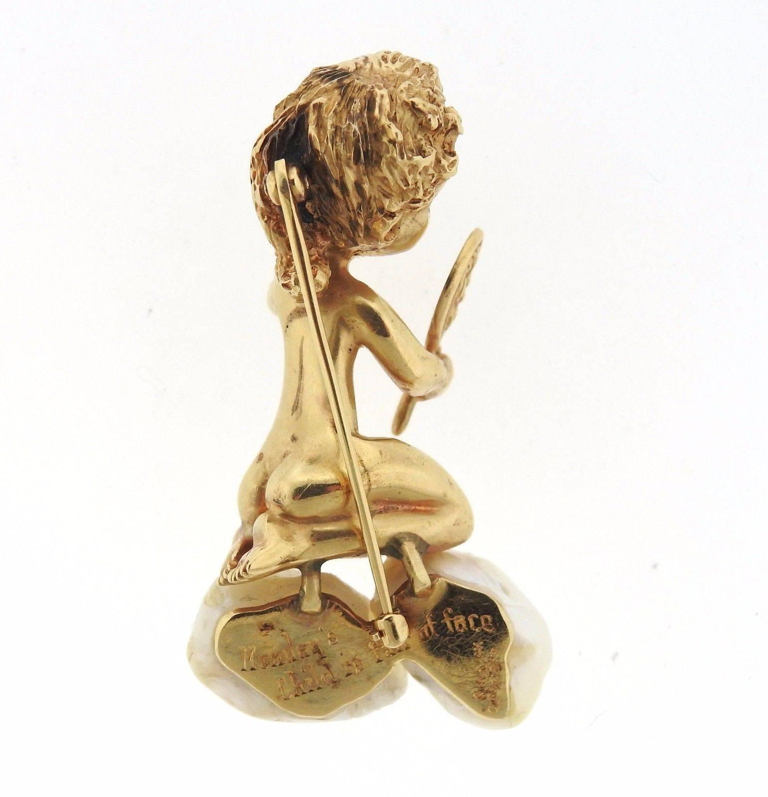 Women's Ruser Retro Pearl Sapphire Gold Monday's Child Cherub Brooch Pin