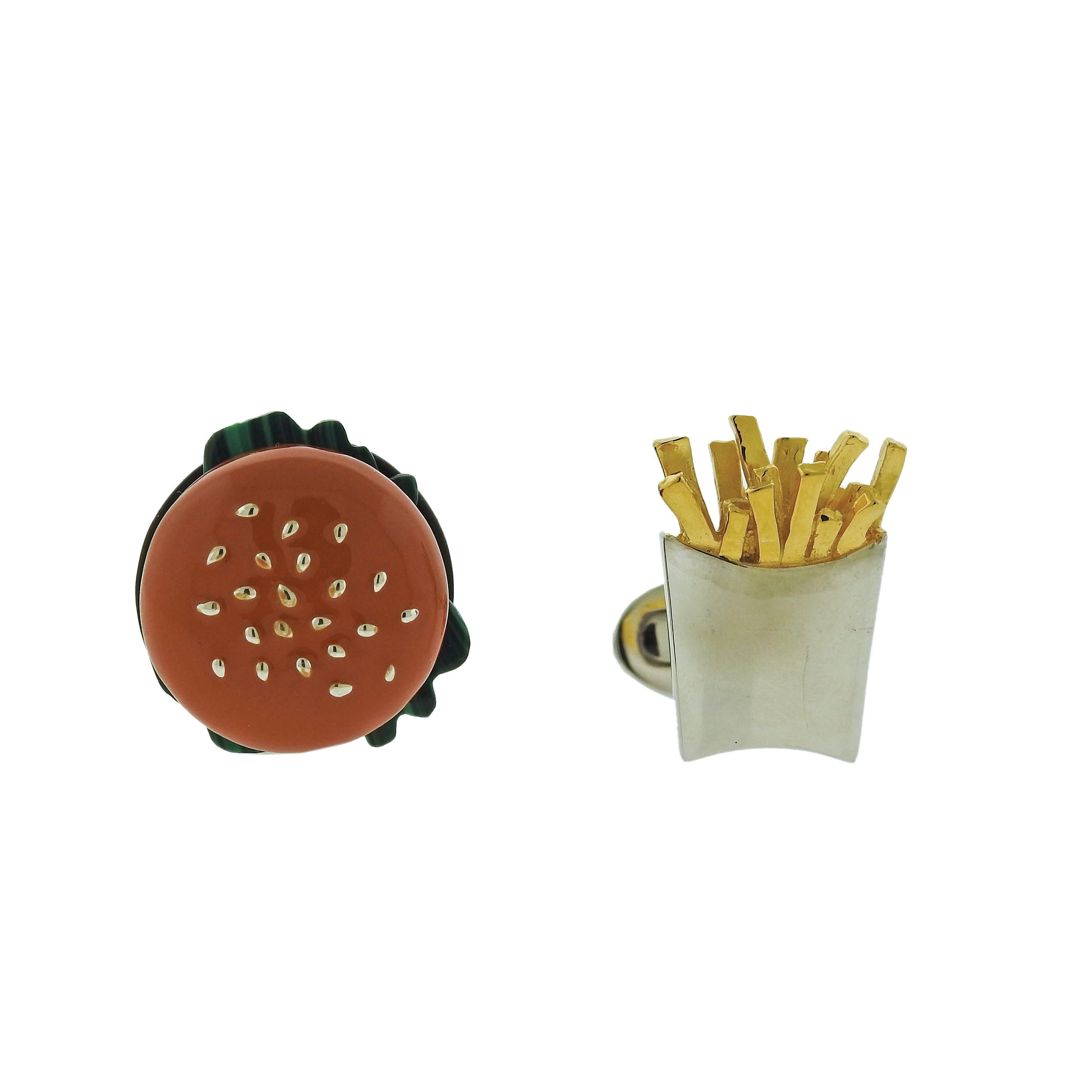 Jan Leslie Burger and Fries Silver Enamel Cufflinks