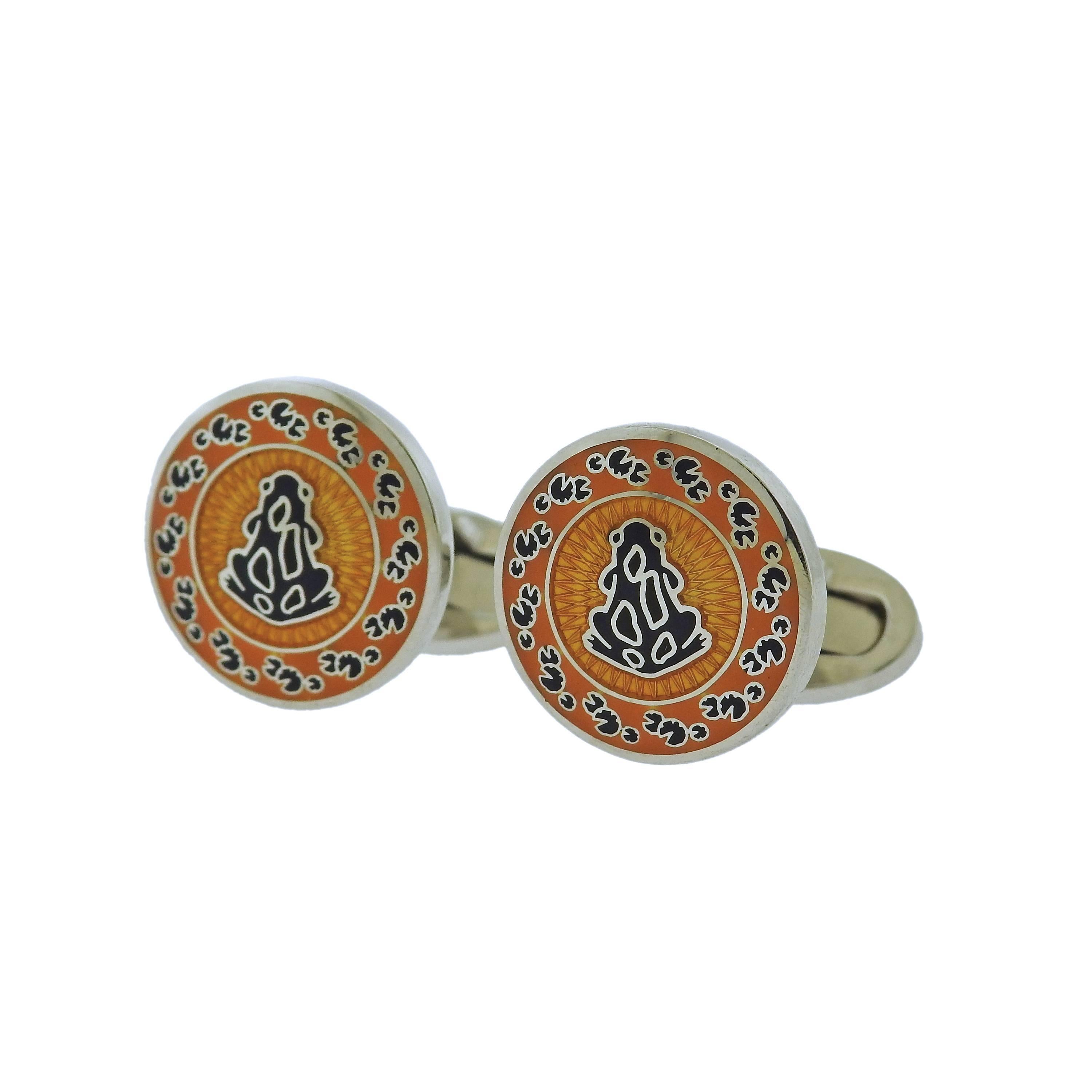 SHREVE AND CRUMP Fleur D'lys Navy Blue Enamel Cufflinks at 1stDibs