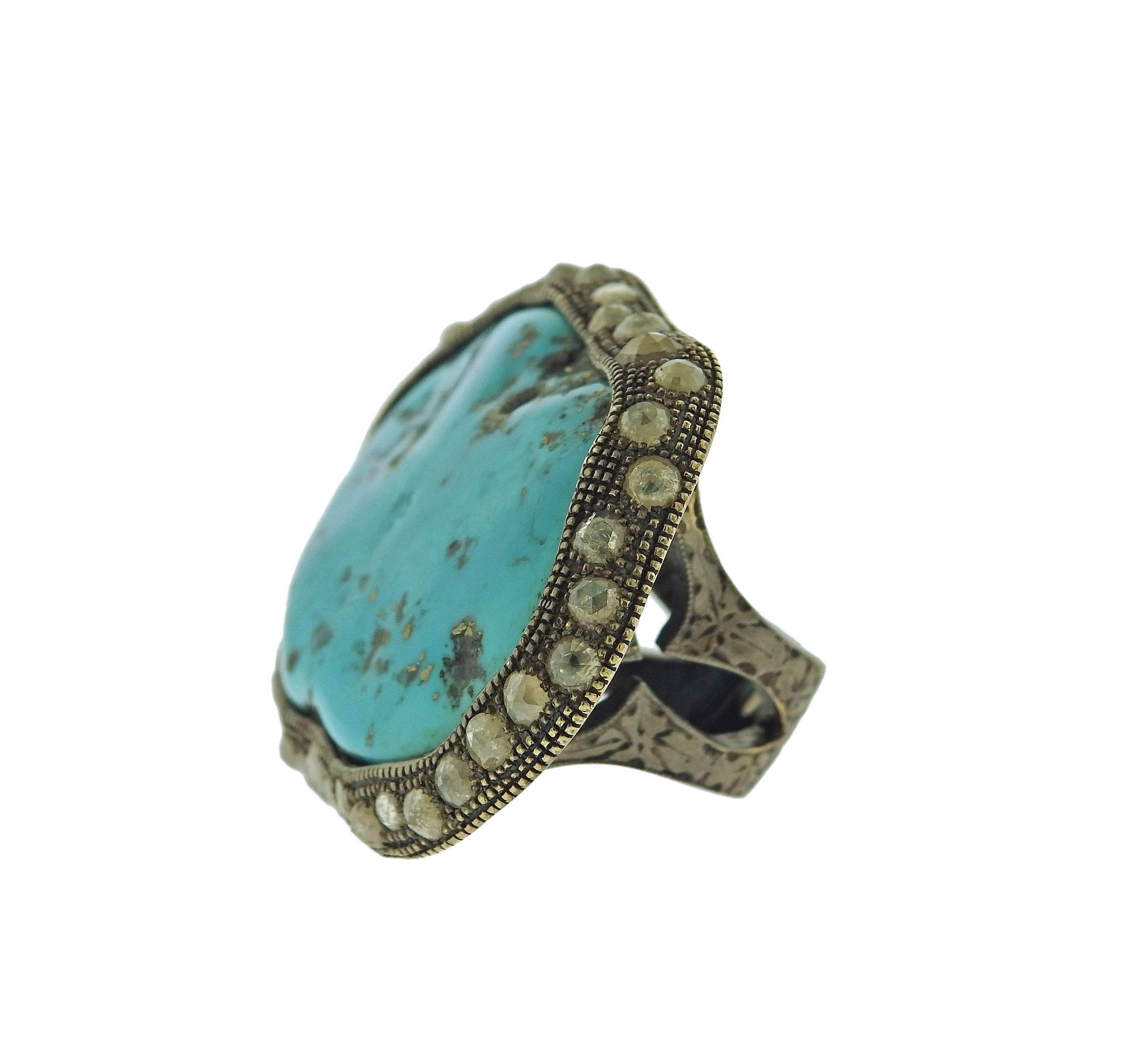 Large 18k blackened gold ring, crafted by Loree Rodkin, set with turquoise, surrounded with rose cut diamonds. Ring size - 7, ring top is 35mm x 49mm , weight - 45.6 grams. Marked:L R , 18k
