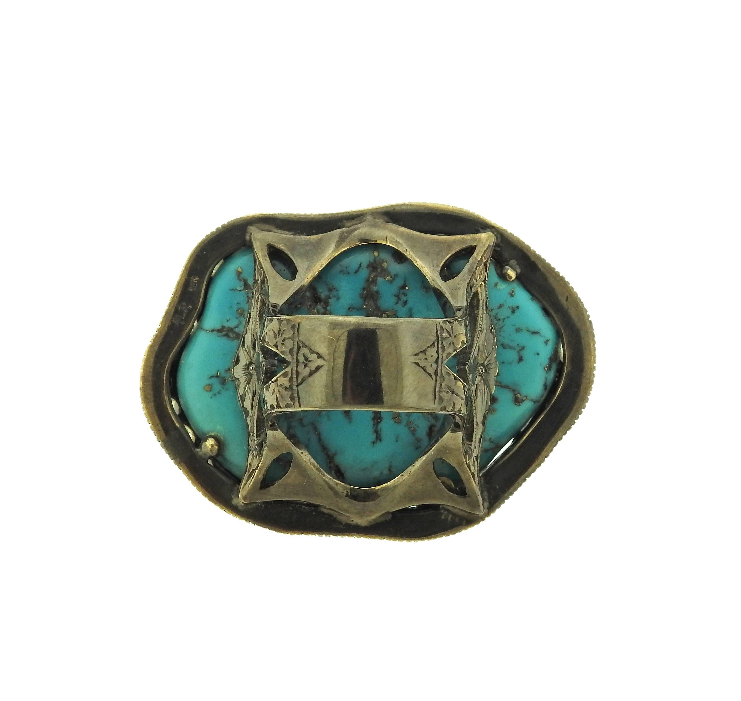 Large Loree Rodkin Turquoise Rose Cut Diamond Gold Ring In Excellent Condition In Lambertville, NJ