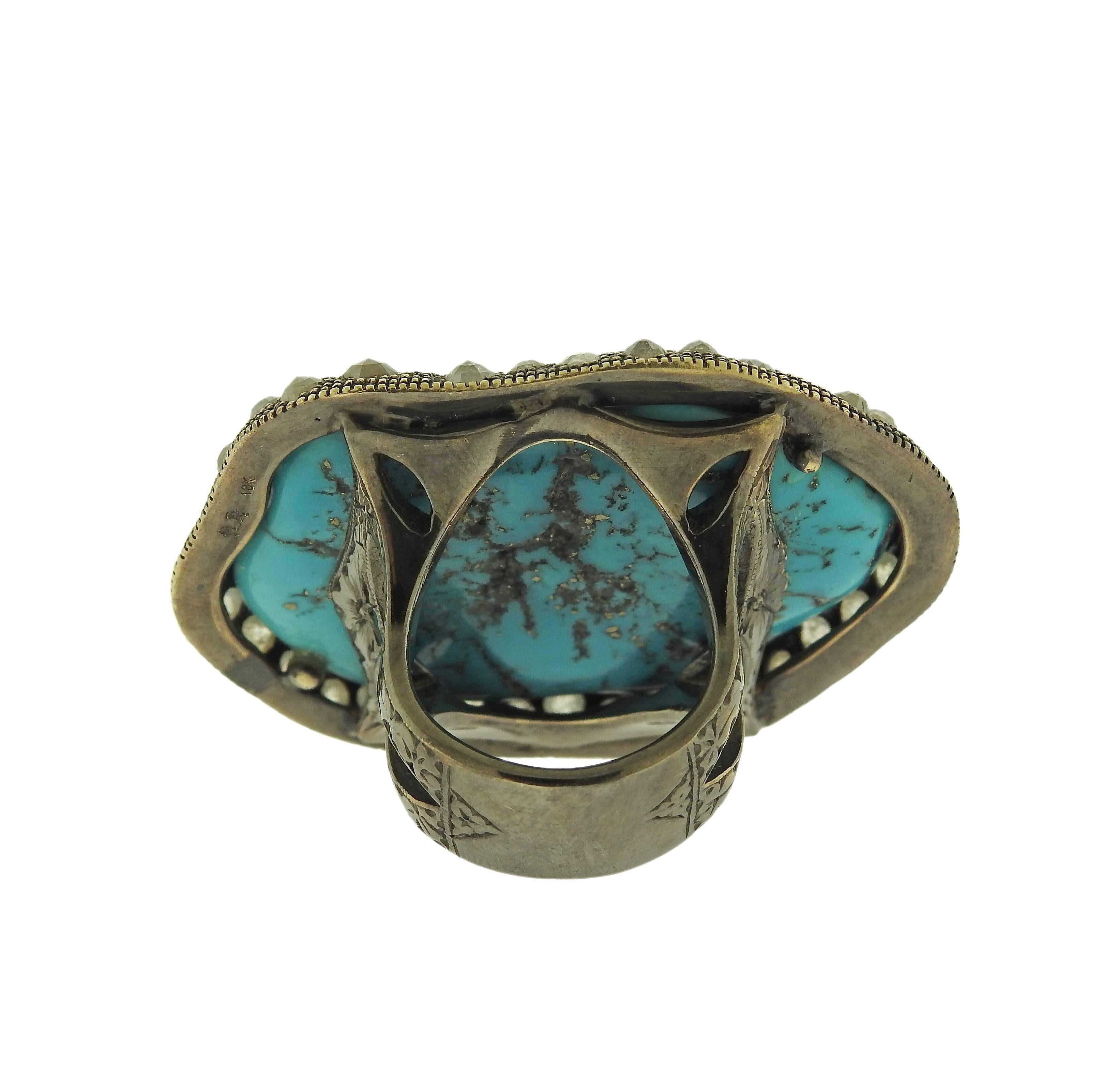 Women's Large Loree Rodkin Turquoise Rose Cut Diamond Gold Ring