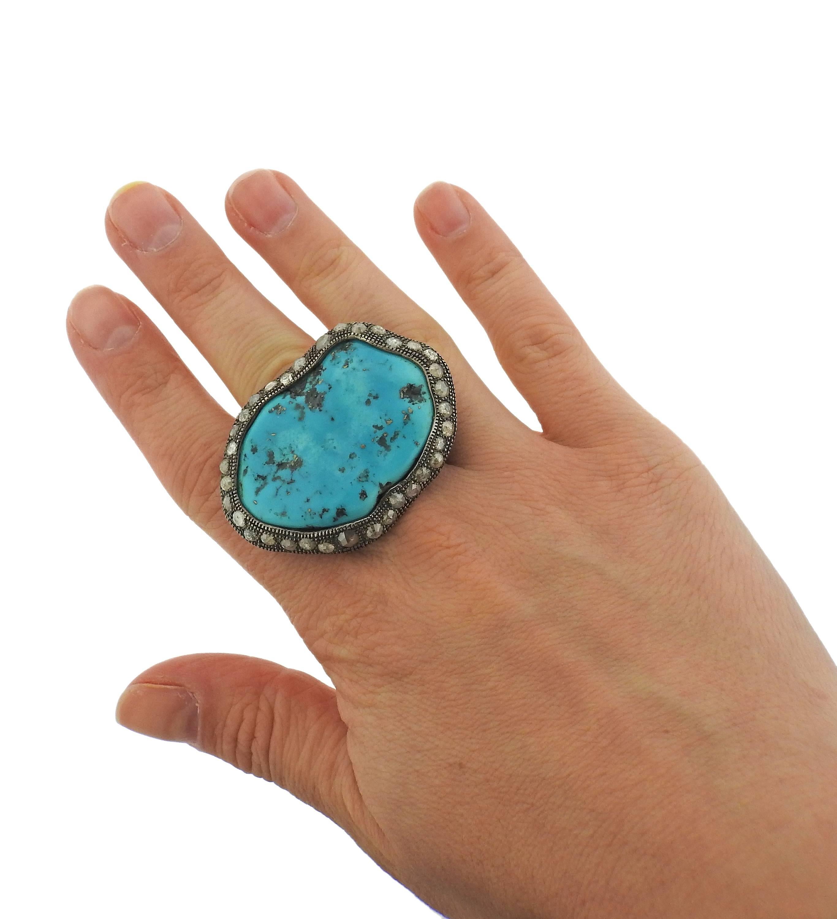 Large Loree Rodkin Turquoise Rose Cut Diamond Gold Ring 1