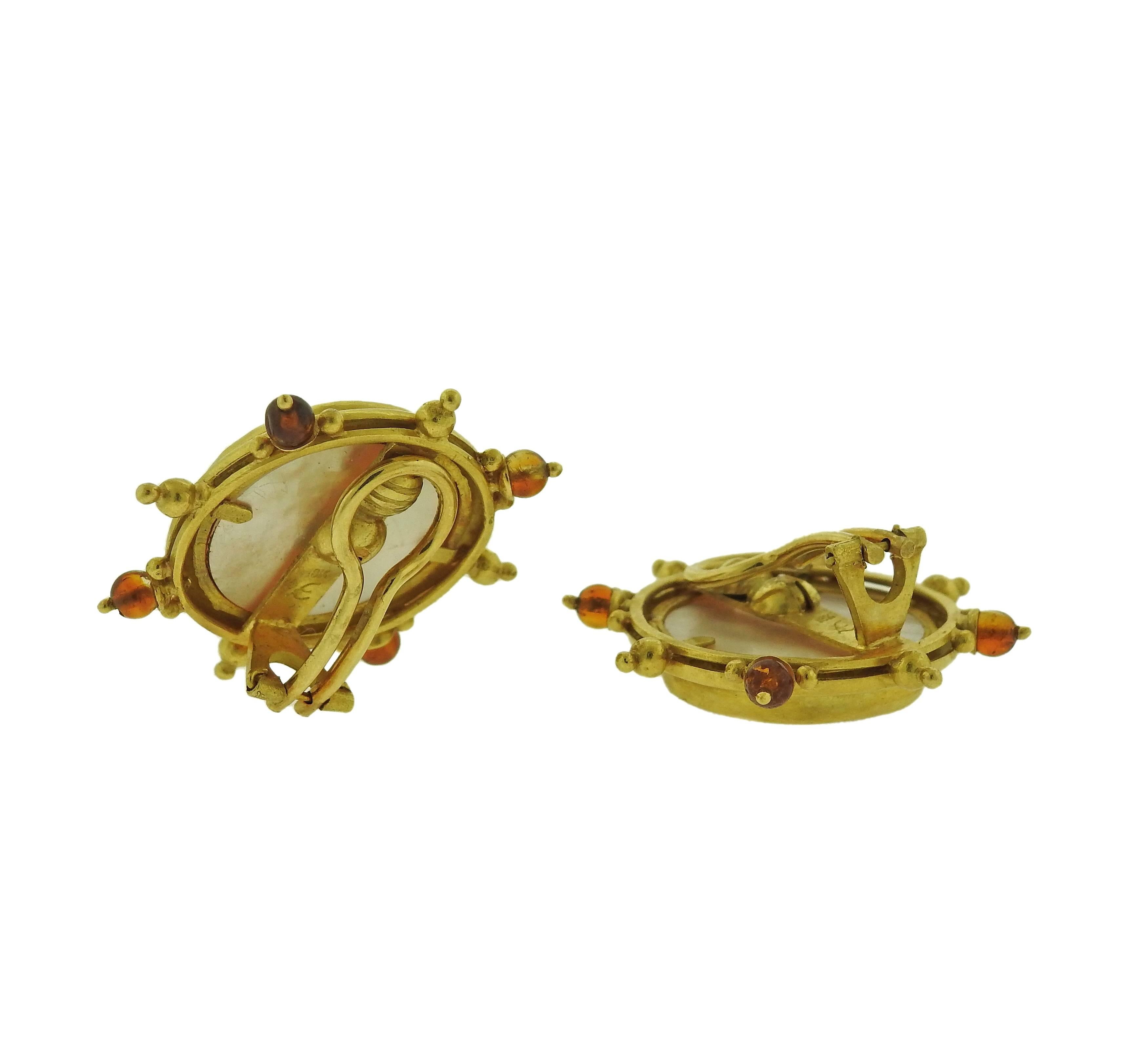 Pair of large 18k yellow gold earrings, crafted by Elizabeth Locke, set with Venetian glass intaglio, backed with mother of pearl, and citrines. Earrings are 35mm x 36mm, collapsible posts. Marked: 18k, Locke E mark. Weight - 26.7 grams 