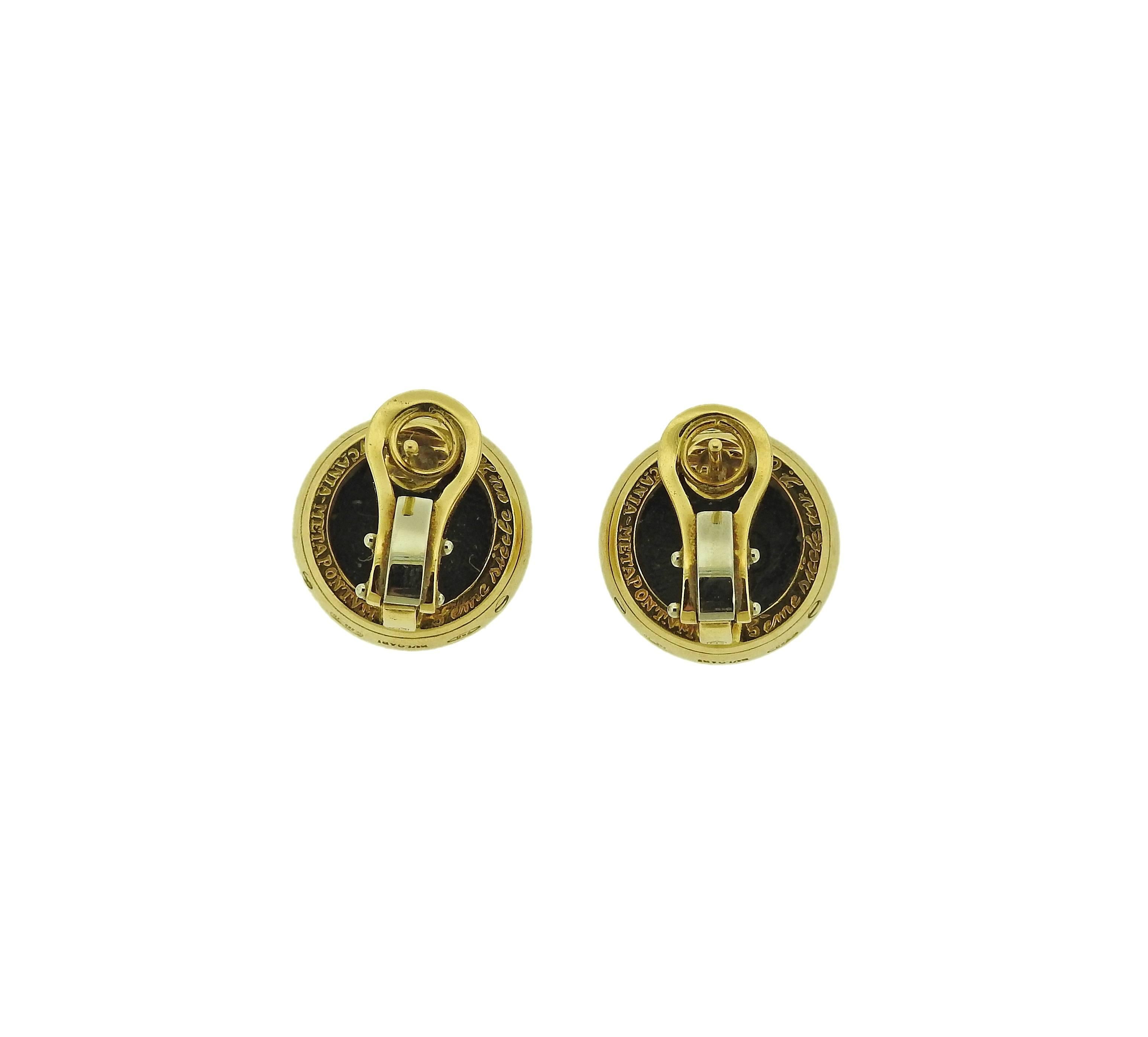 Pair of 18k yellow gold earrings, crafted by Bulgari, set with Lucania-Metapontum ancient coins. Earrings are 16mm in diameter , Weigh 20.2 grams. Lucania-Metapontum, 5 cent.siecle en L. C., 269TO, 750, Bvlgari 
