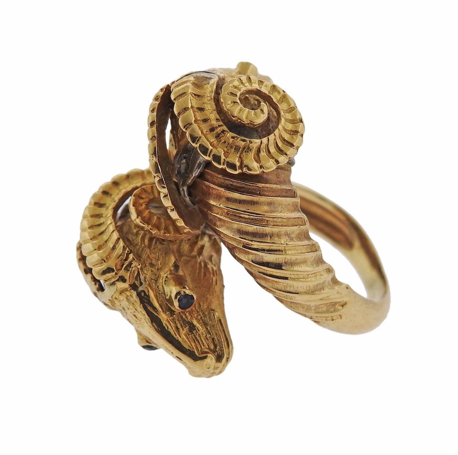 Zolotas Greece Sapphire Gold Ram's Head Bypass Ring