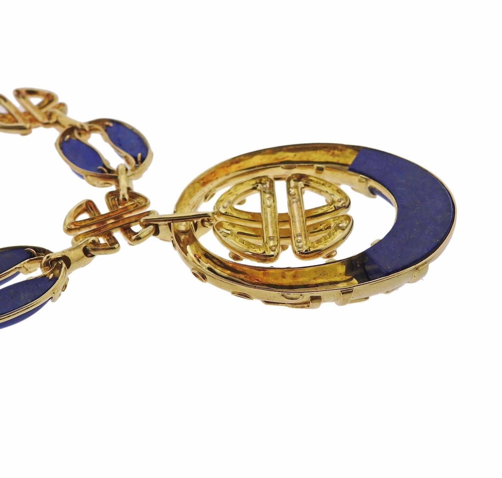 1980s Neiman Marcus Lapis Diamond Gold Pendant Necklace 1