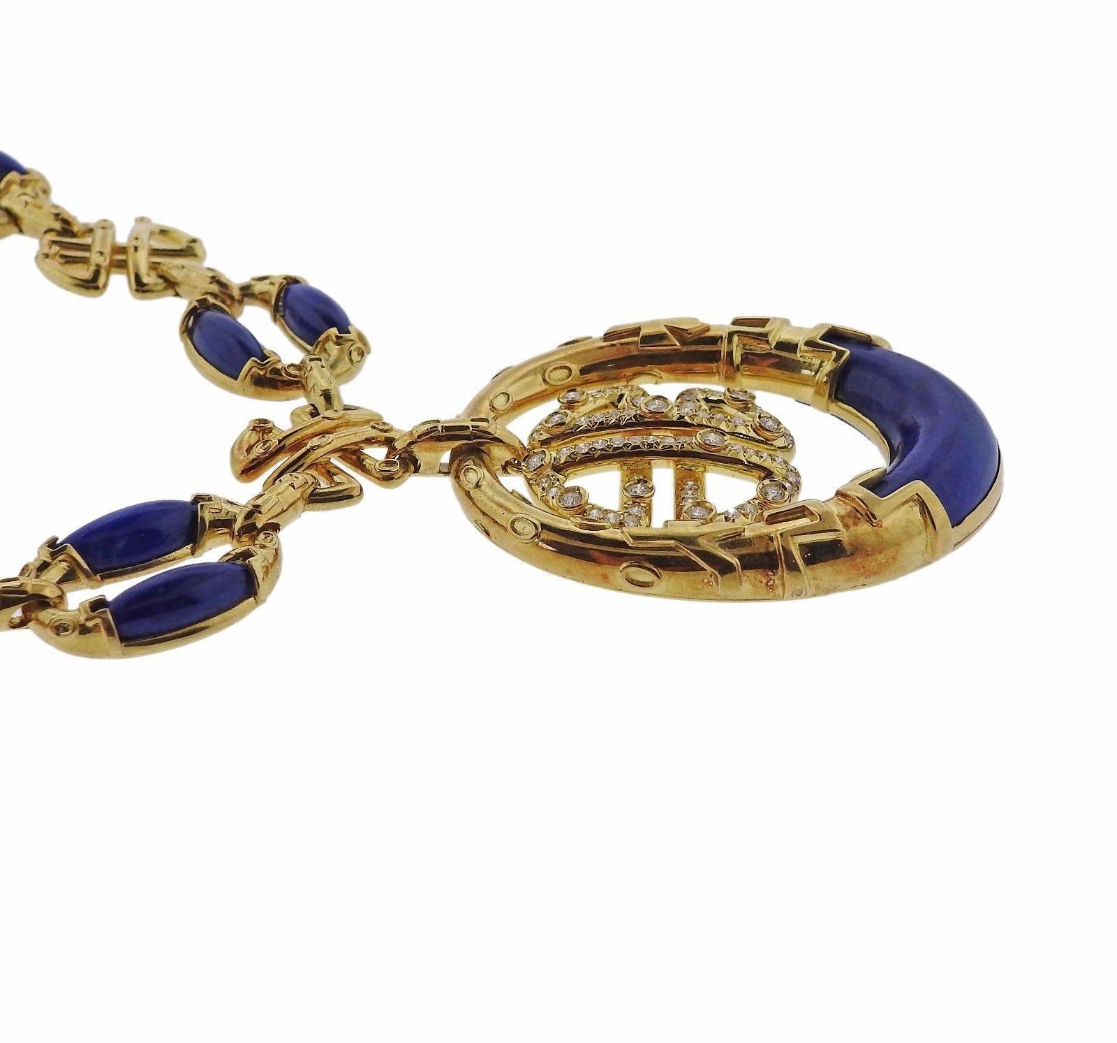 1980s Neiman Marcus Lapis Diamond Gold Pendant Necklace 2