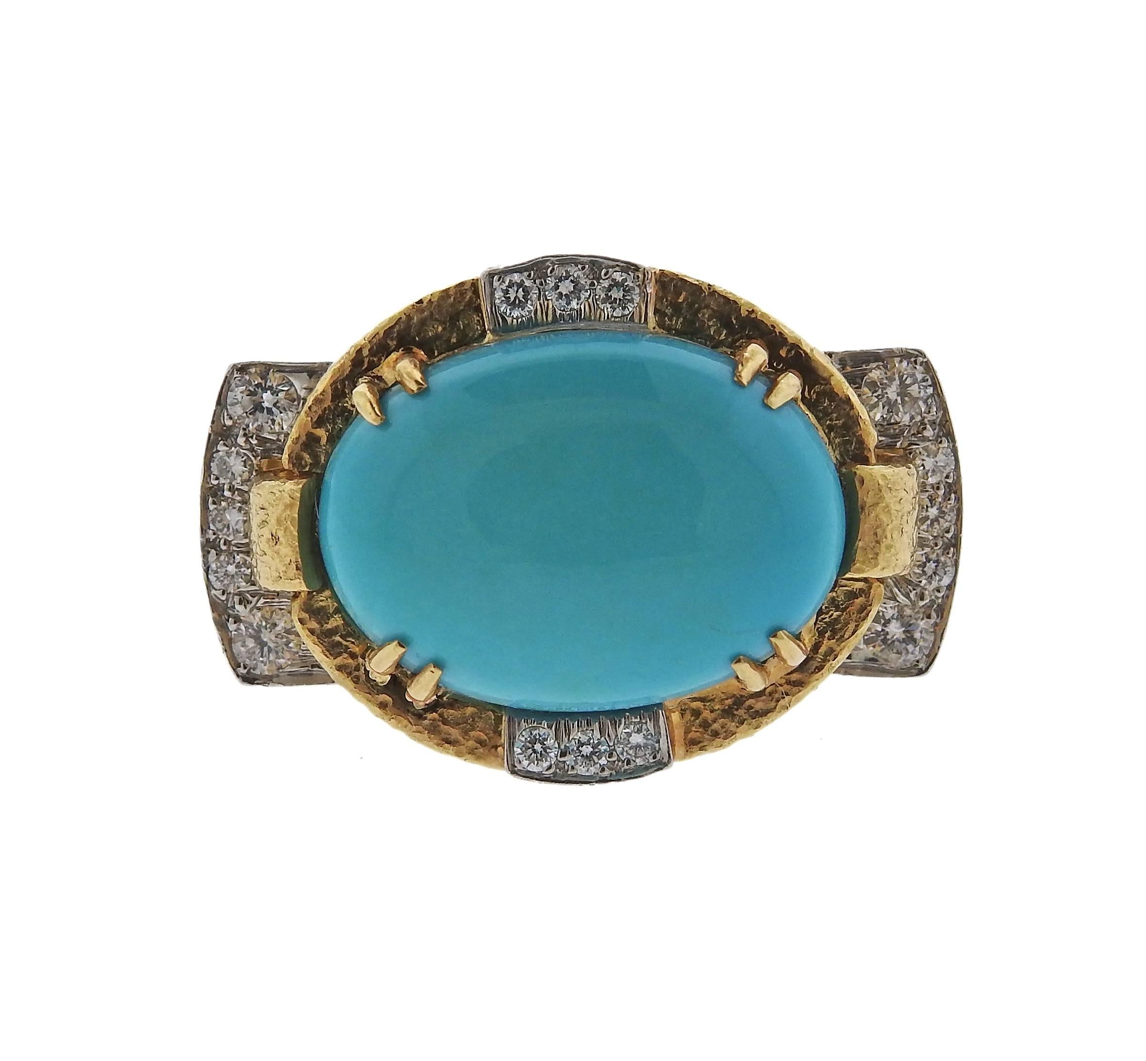David Webb Turquoise Diamond Platinum Gold Ring In Excellent Condition In Lambertville, NJ