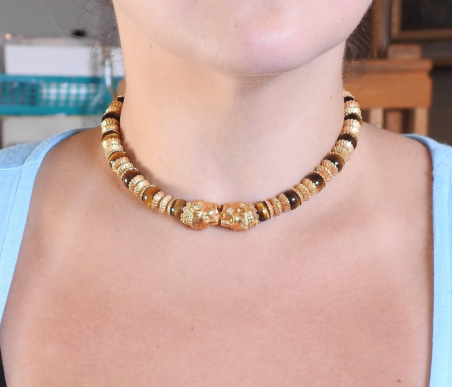 Massive Lalaounis Greece Tiger's Eye Bead Gold Necklace 4