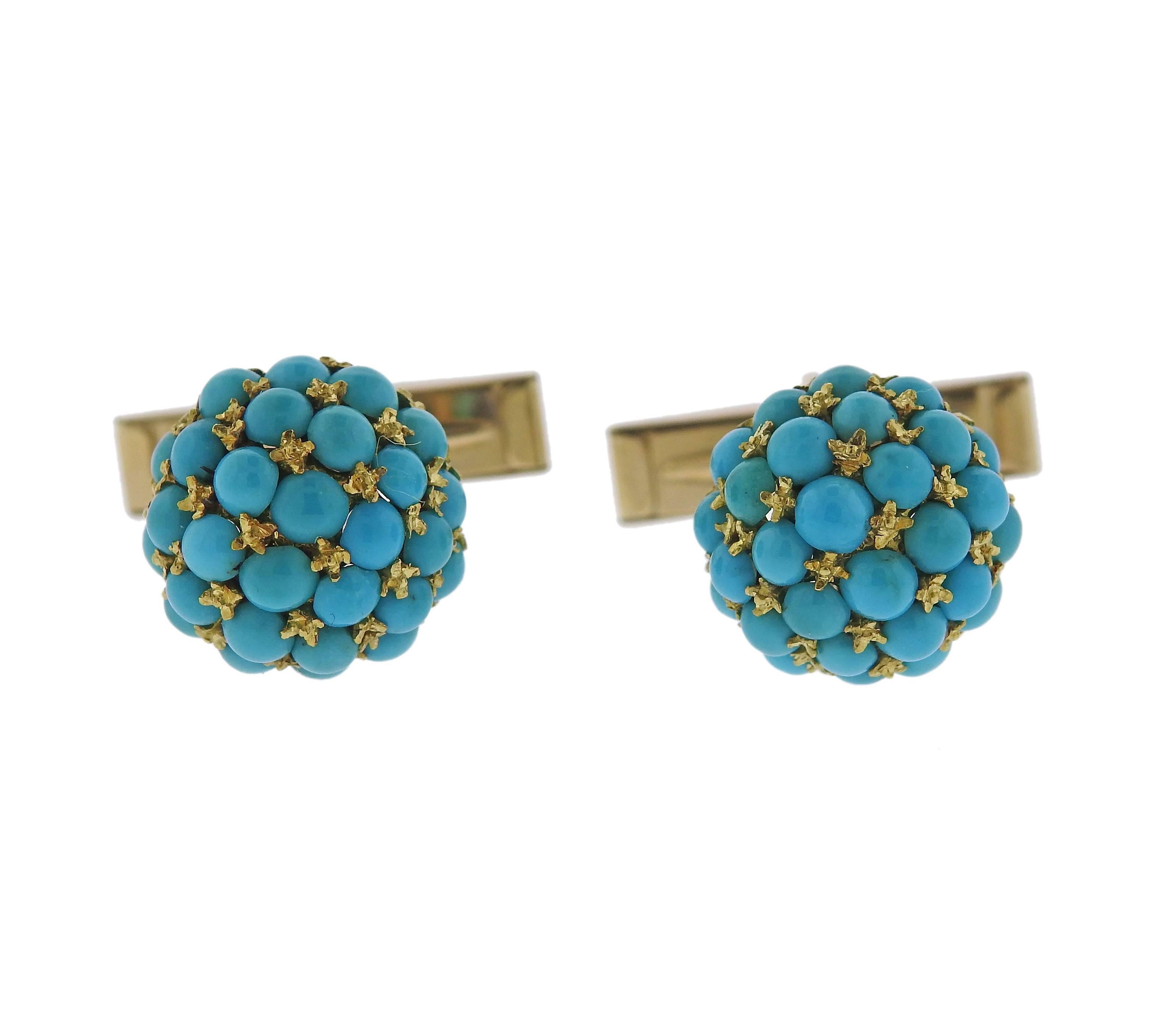 Pair of vintage circa 1960s cufflinks, set in 18k gold, decorated with turquoise beads. Cufflink top is 14mm in diameter . Top tested 18k, hardware marked 14k. Weight - 11.7 grams 