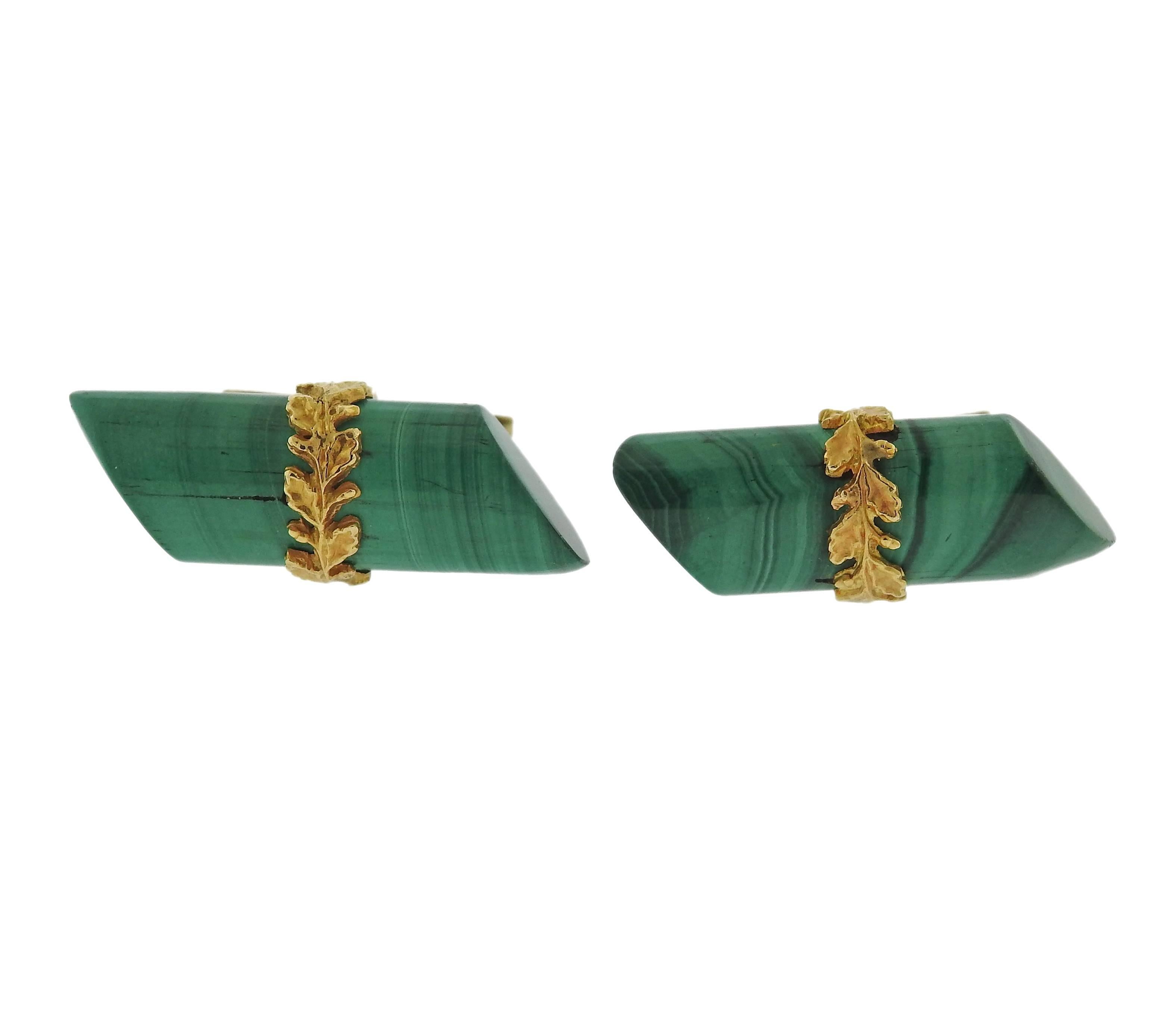Pair of mid Century 18k gold cufflinks, decorated with malachite tops. Cufflink top is 24mm x 11mm, weight - 14 grams. Top tested 18k, hardware marked 14k. 