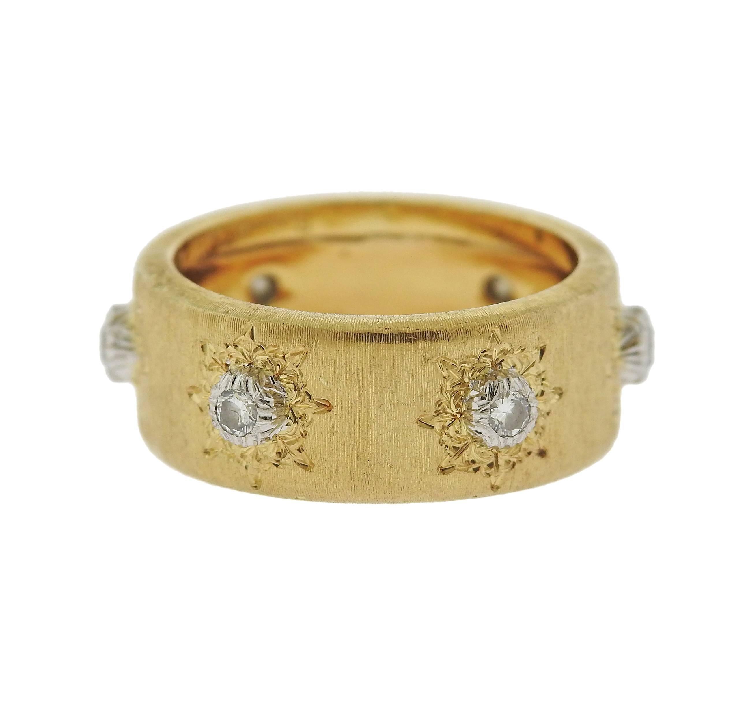 18k yellow gold wedding band ring, crafted by Buccellati, decorated with six H/VS diamonds. Ring size - 5.5, ring is 7.7mm wide , weight - 5.9 grams. Marked: 23250, Buccellati, Italy, 18k.