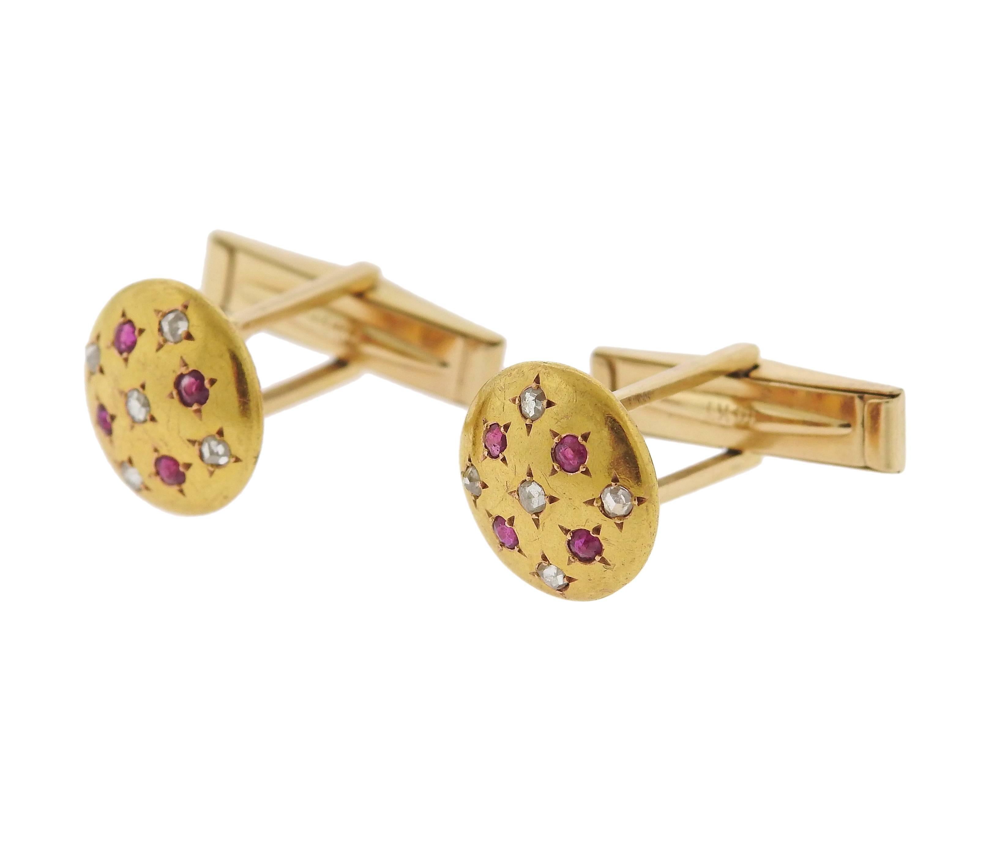 Pair of antique 18k gold cufflinks, decorated with rubies and rose cut diamonds. Cufflink top 13.3mm in diameter , weight - 8.1 grams. Top tested 18k, hardware marked 14k. 
