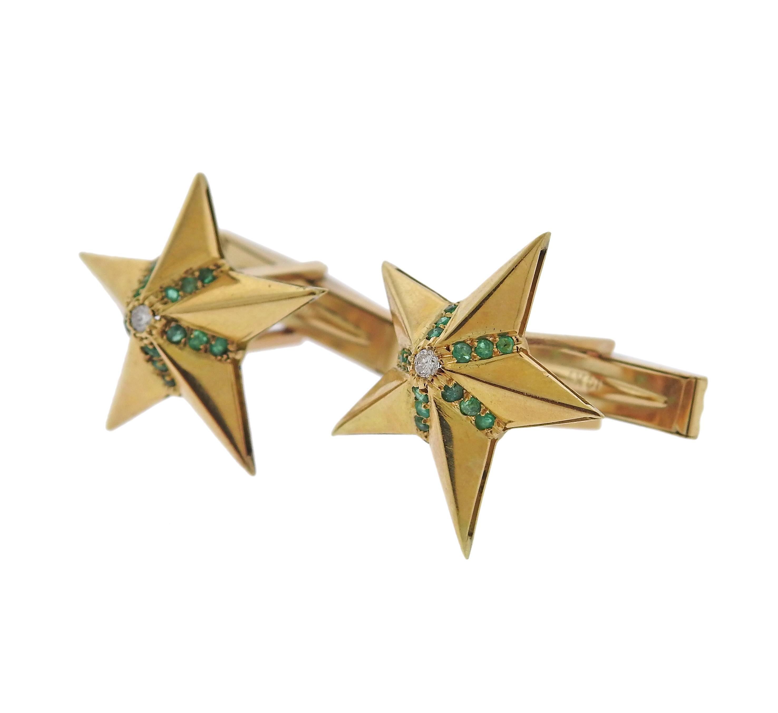 Pair of antique 18k gold star cufflinks, decorated with diamonds and emeralds. Cufflink top 24mm x 23mm, weight - 9.5 grams.  Top tested 18k, hardware marked 14k, 