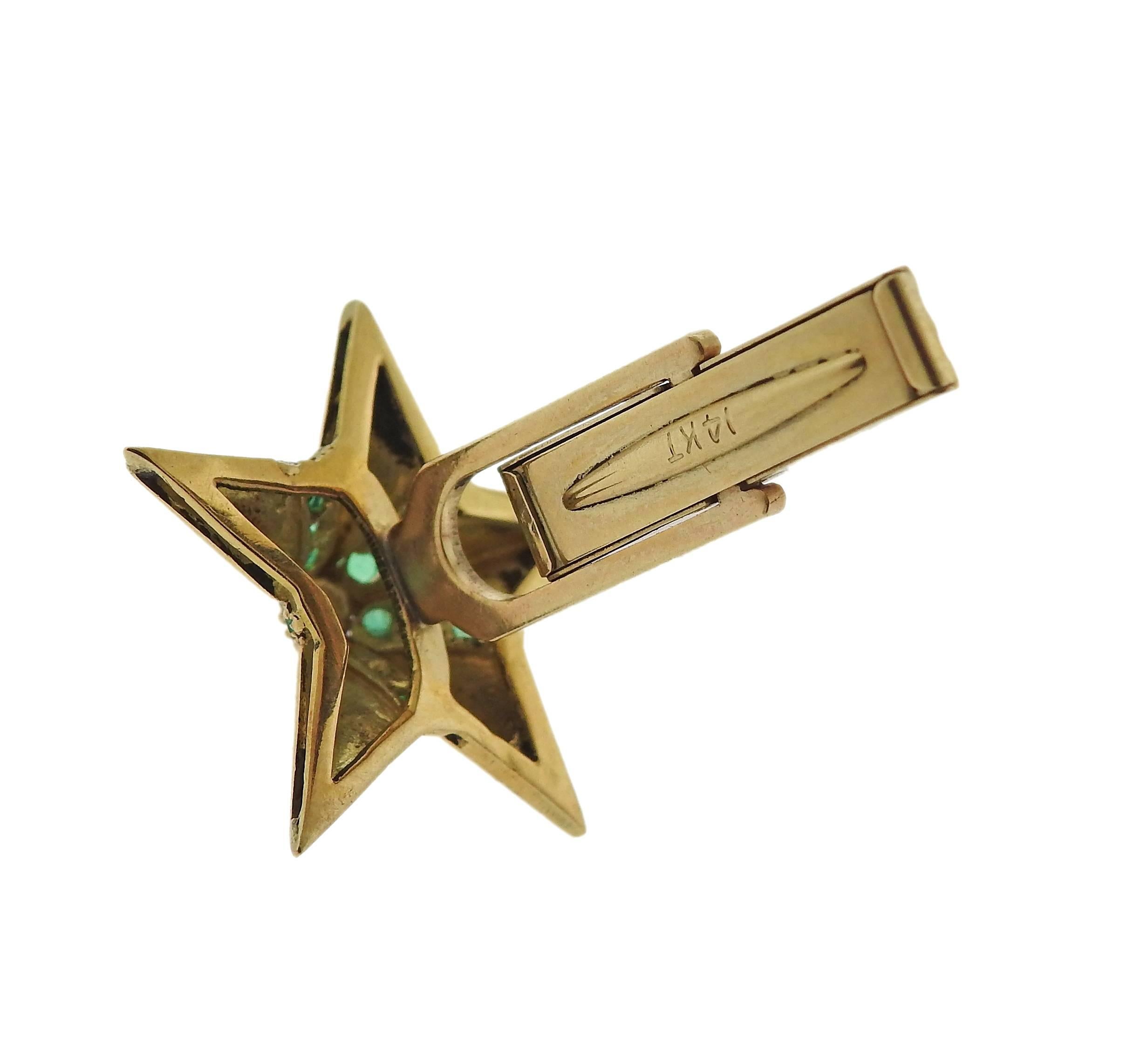 Women's or Men's Midcentury Diamond Emerald Gold Star Cufflinks