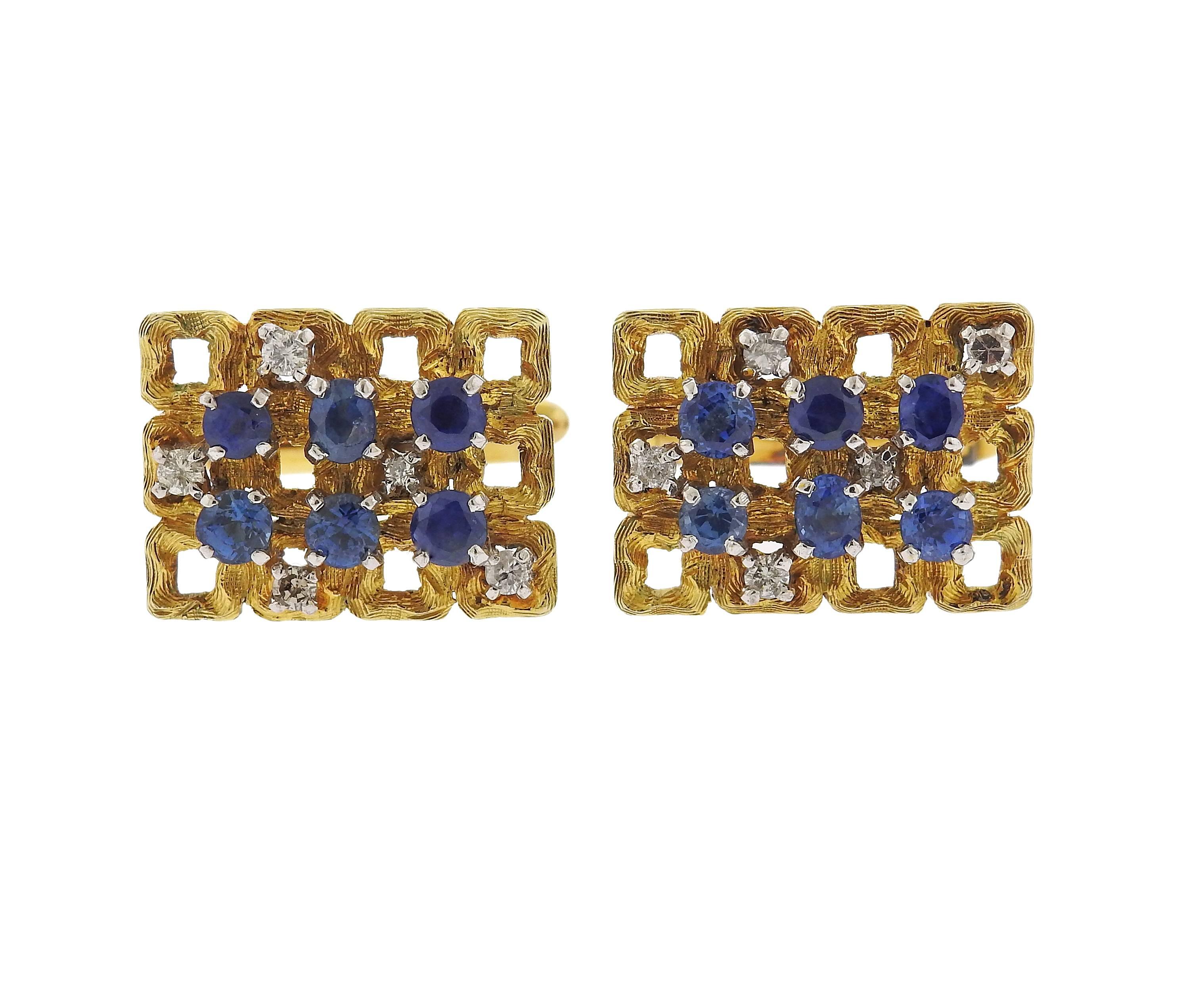 Pir of vintage circa 1970s 14k gold cufflinks, decorated with blue sapphires and approximately 0.14ctw in diamonds. Top measures 19mm x 15mm, weight - 13.9 grams 