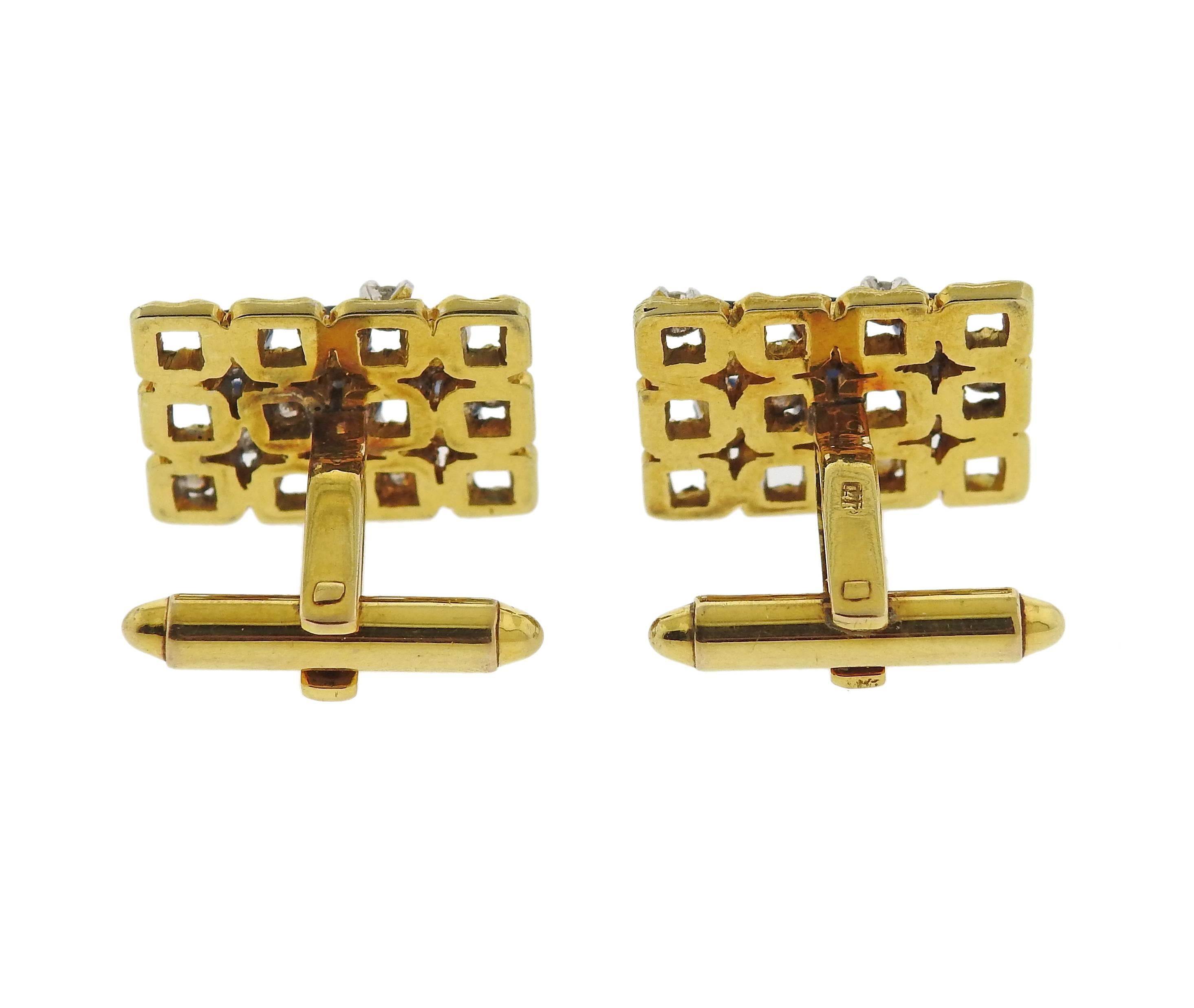 1970s Sapphire Diamond Gold Cufflinks In Excellent Condition In Lambertville, NJ