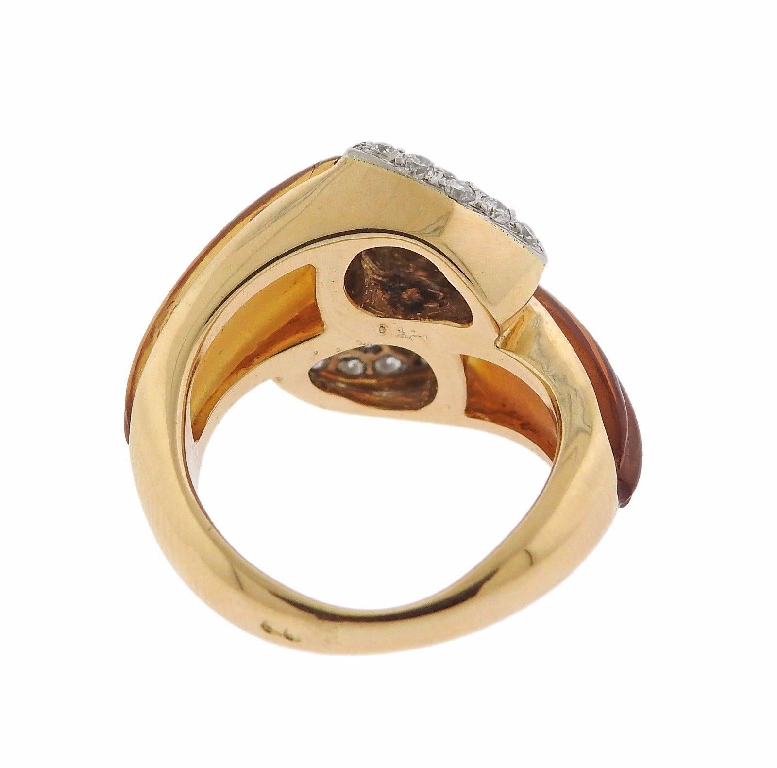 Carved Citrine Diamond Gold Ring In Excellent Condition In Lambertville, NJ