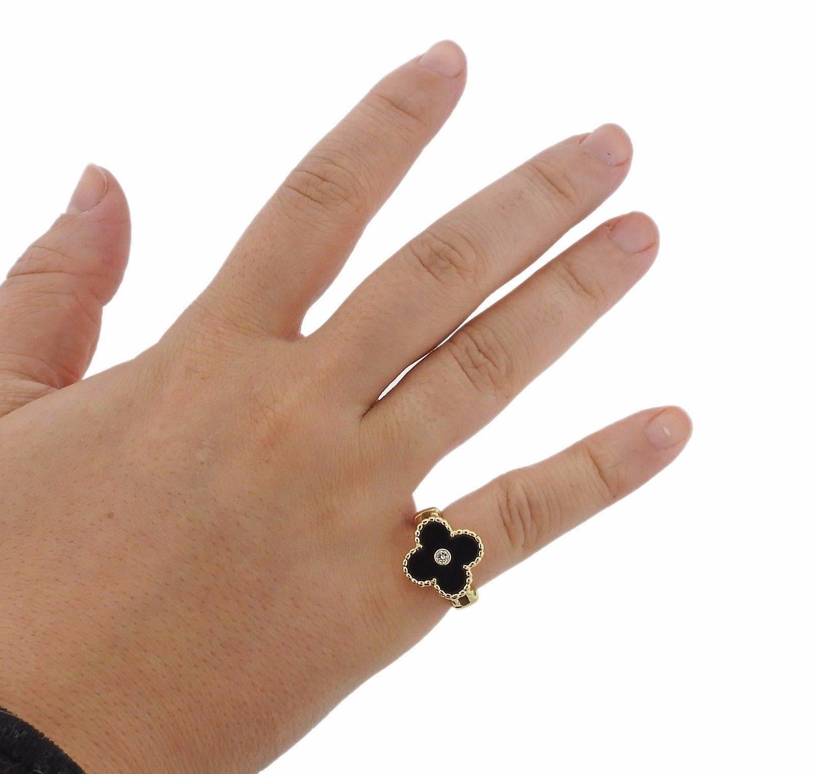 Van Cleef & Arpels Alhambra Onyx Diamond Gold Ring In Excellent Condition For Sale In Lambertville, NJ