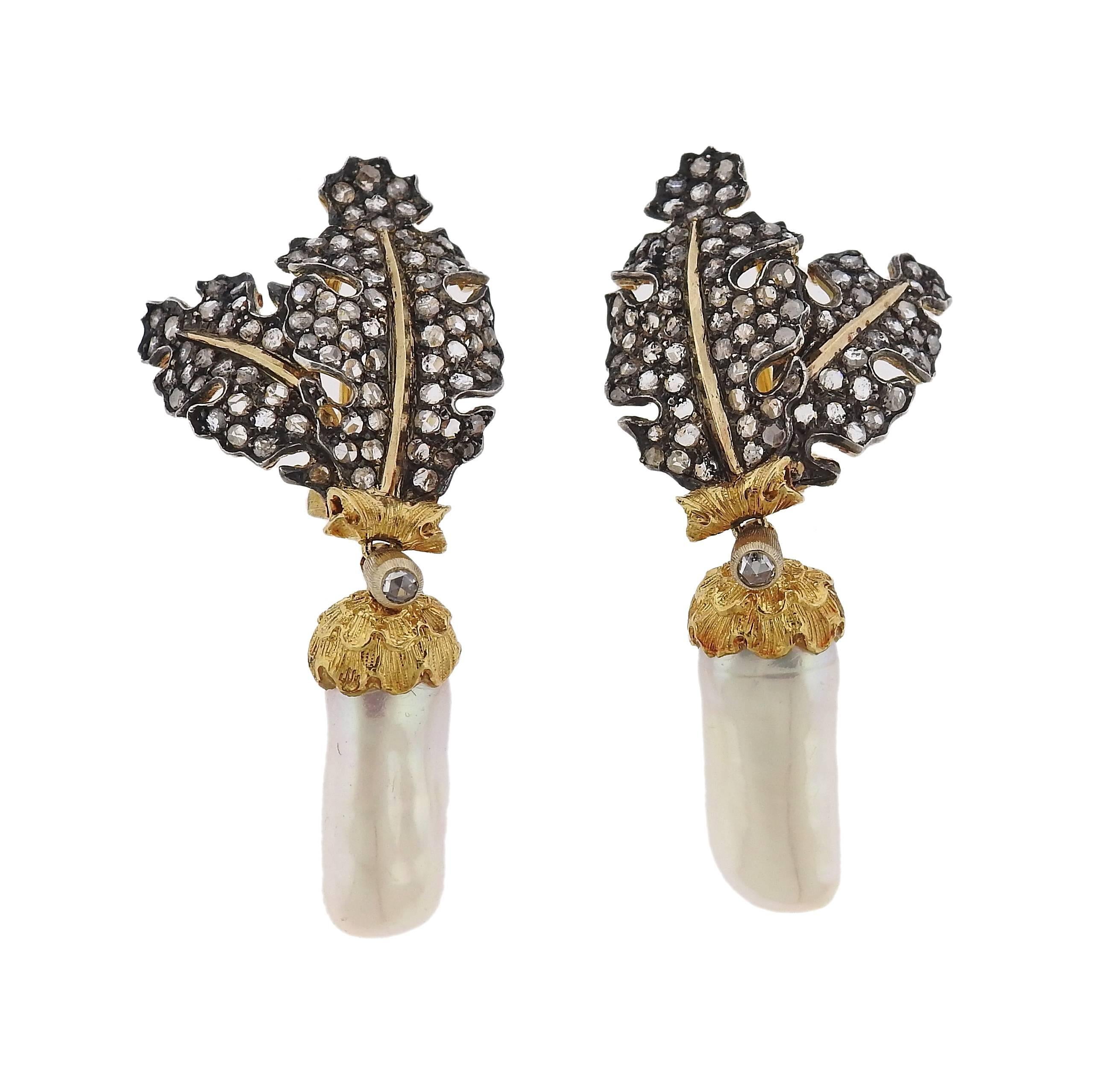 Buccellati Rose Cut Diamond Pearl Gold Necklace Earrings Suite 1
