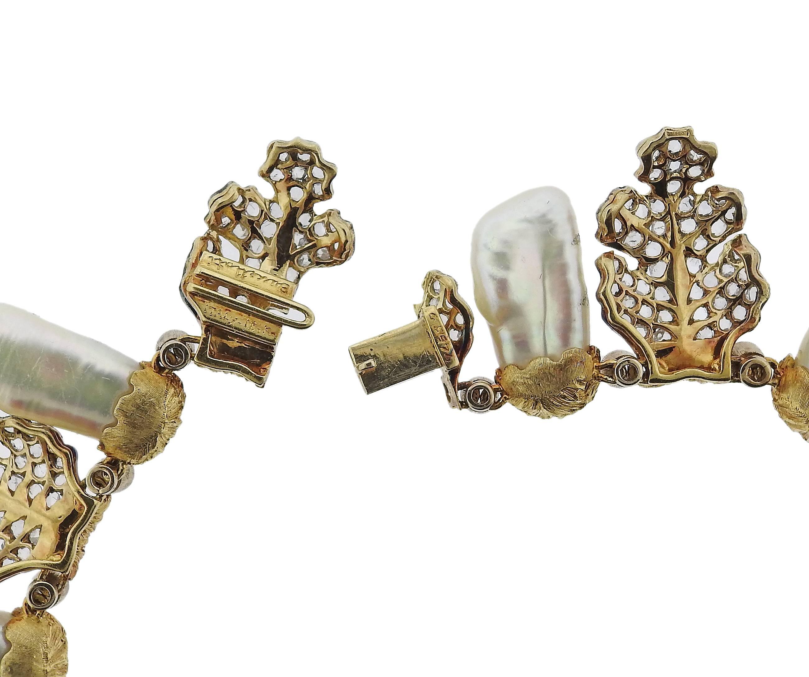 Women's Buccellati Rose Cut Diamond Pearl Gold Necklace Earrings Suite