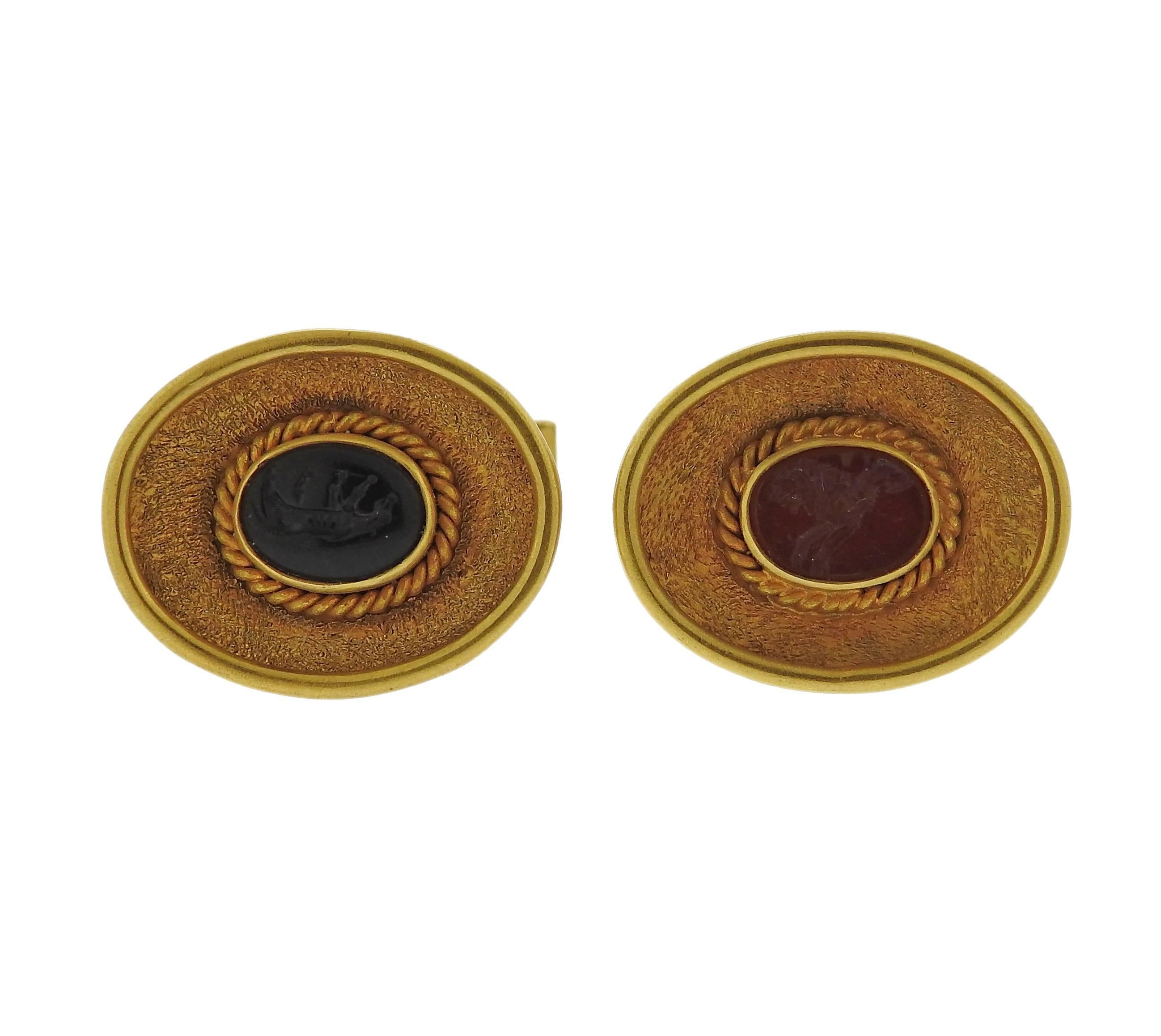 Pair of 14k gold cufflinks, set with Ancient Roman hanrdstone intaglio. Cufflink top is 20mm x 15mm. Weight - 14.2 grams. 