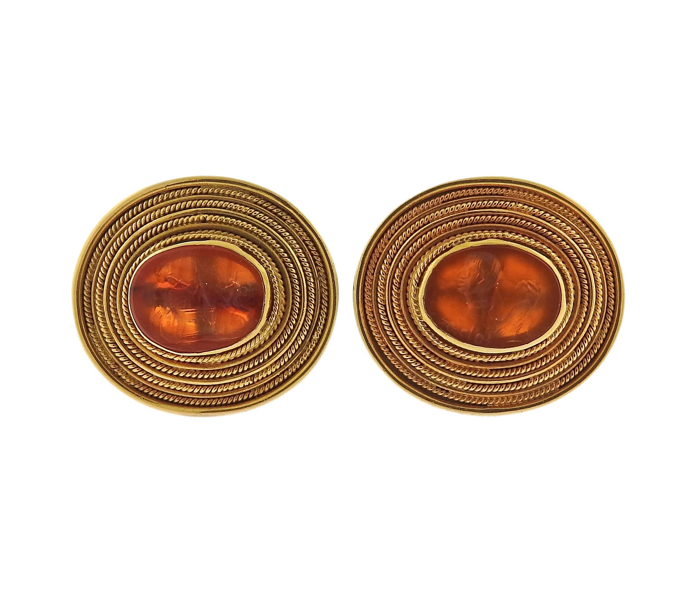Pair of 14k gold cufflinks, set with Ancient Roman hardstone intaglio. Cufflink top is 22mm x 20mm, weight - 16 grams.