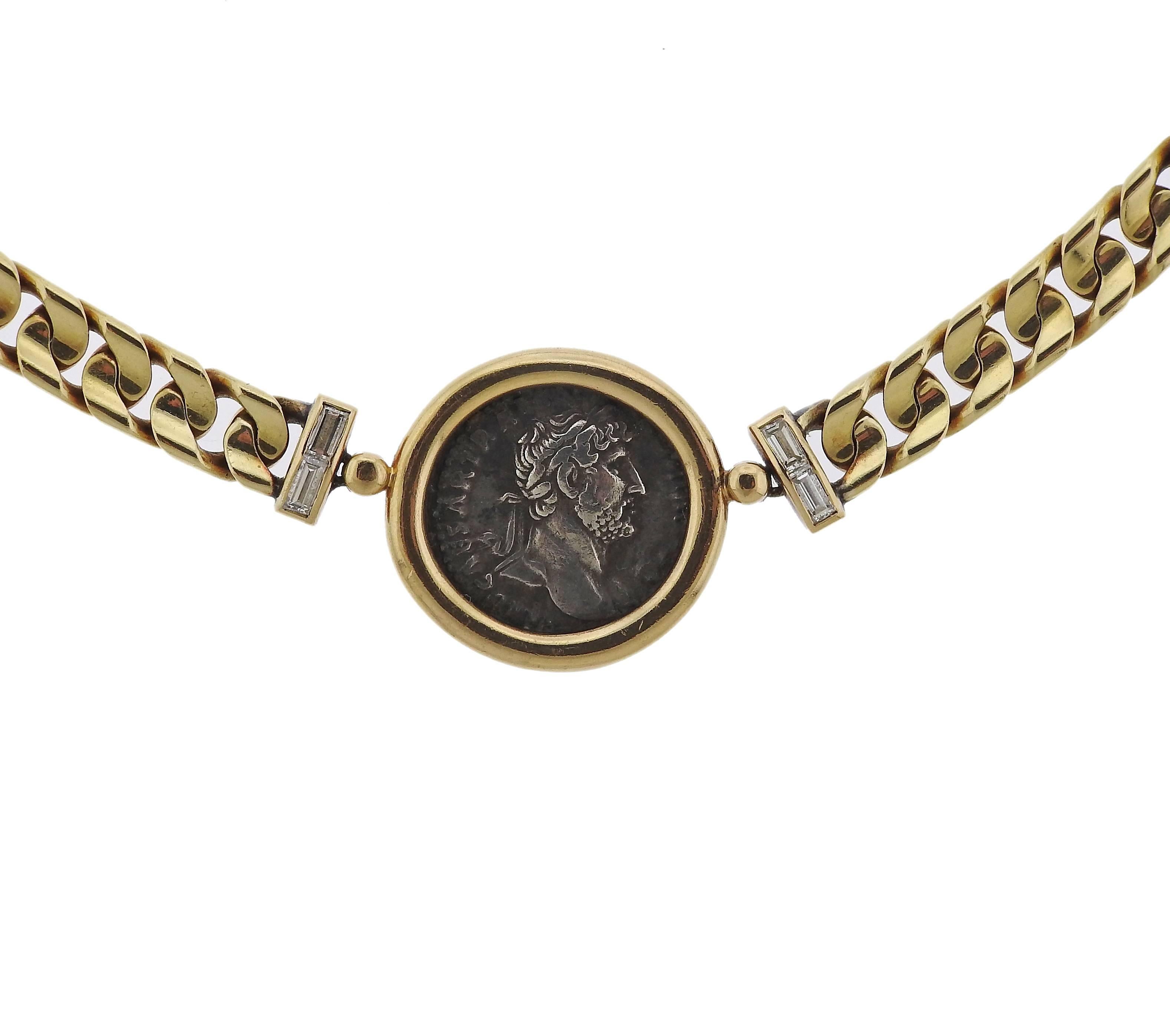 AN 18k yellow gold necklace, crafted by Bulgari, set with an ancient Roman coin in the center, surrounded with approximately 0.20ctw in diamonds. Necklace is 15 1/2