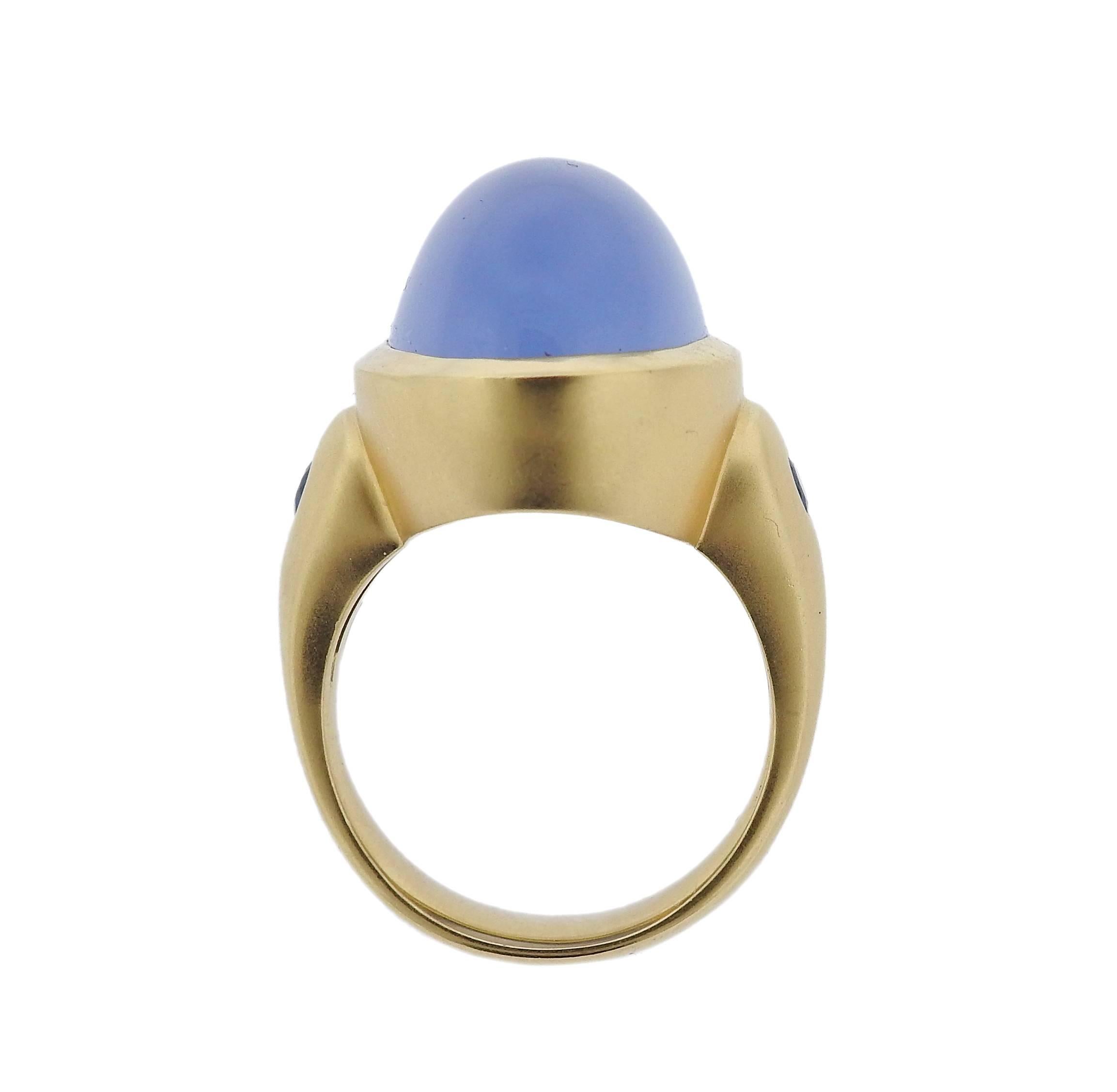 Women's Large Chalcedony Cabochon Sapphire Gold Ring