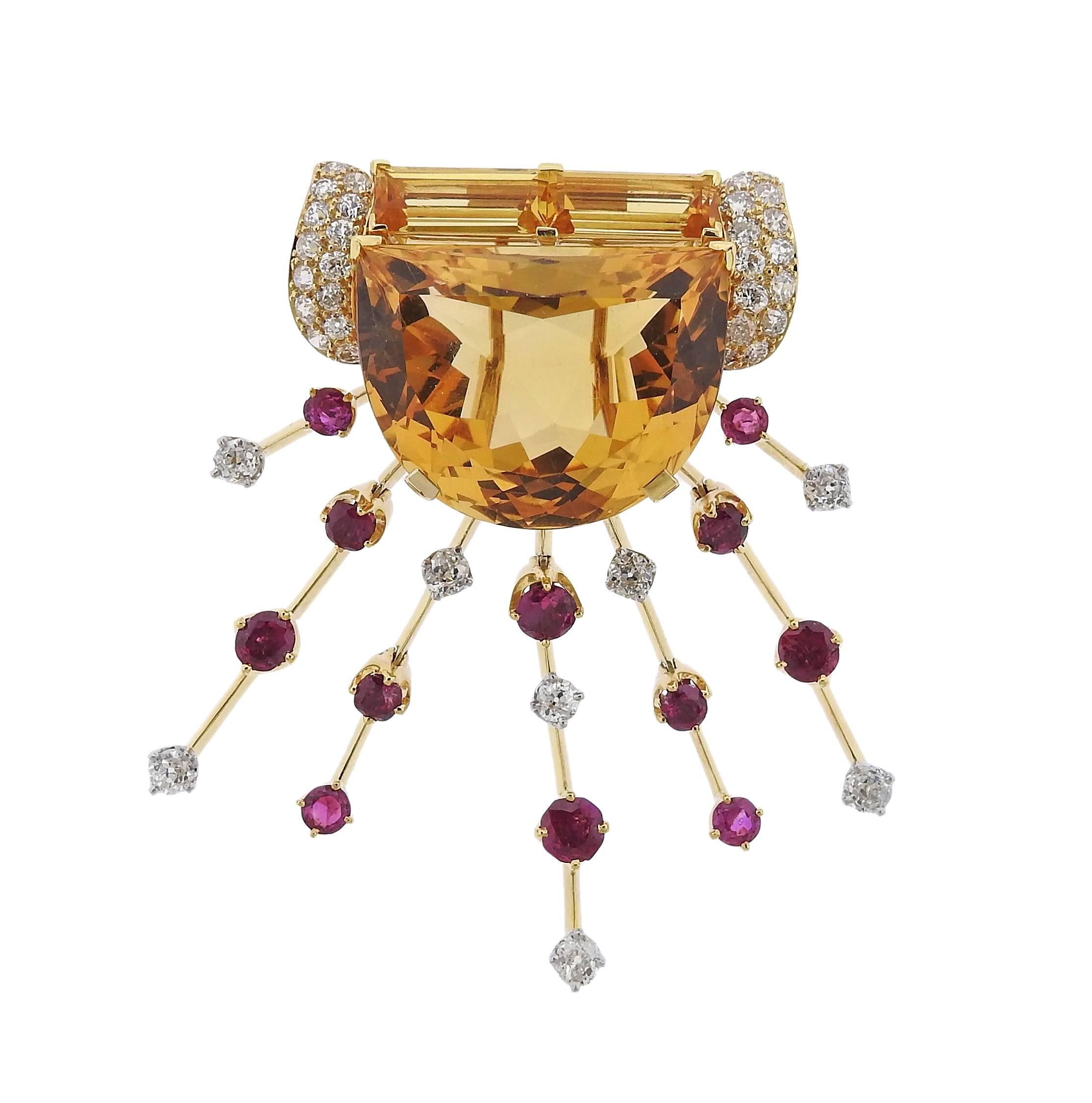 Retro Citrine Diamond Ruby Gold Earrings Brooch Suite In Excellent Condition In Lambertville, NJ