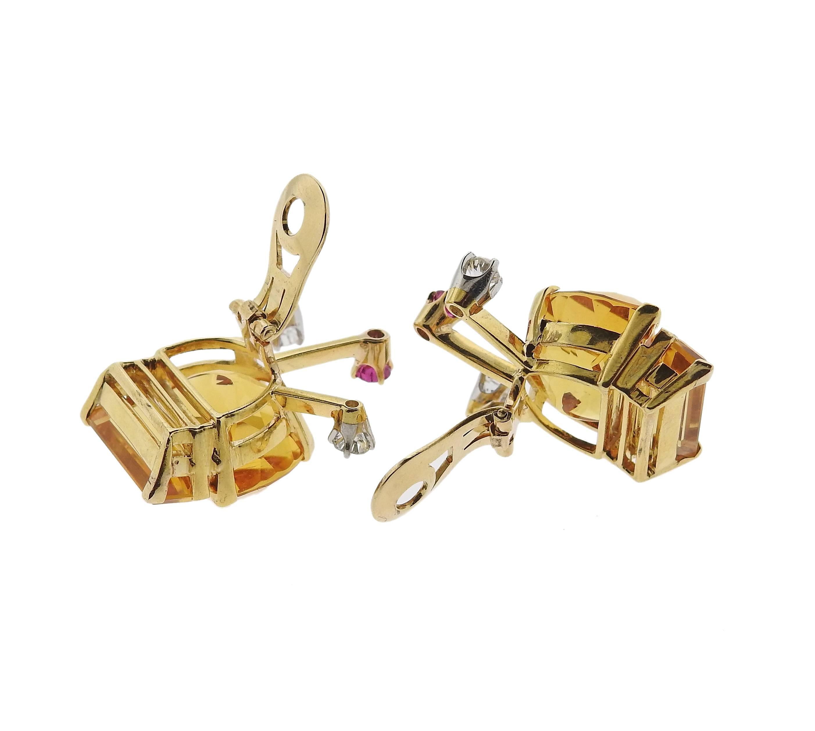 Retro Citrine Diamond Ruby Gold Earrings Brooch Suite 6