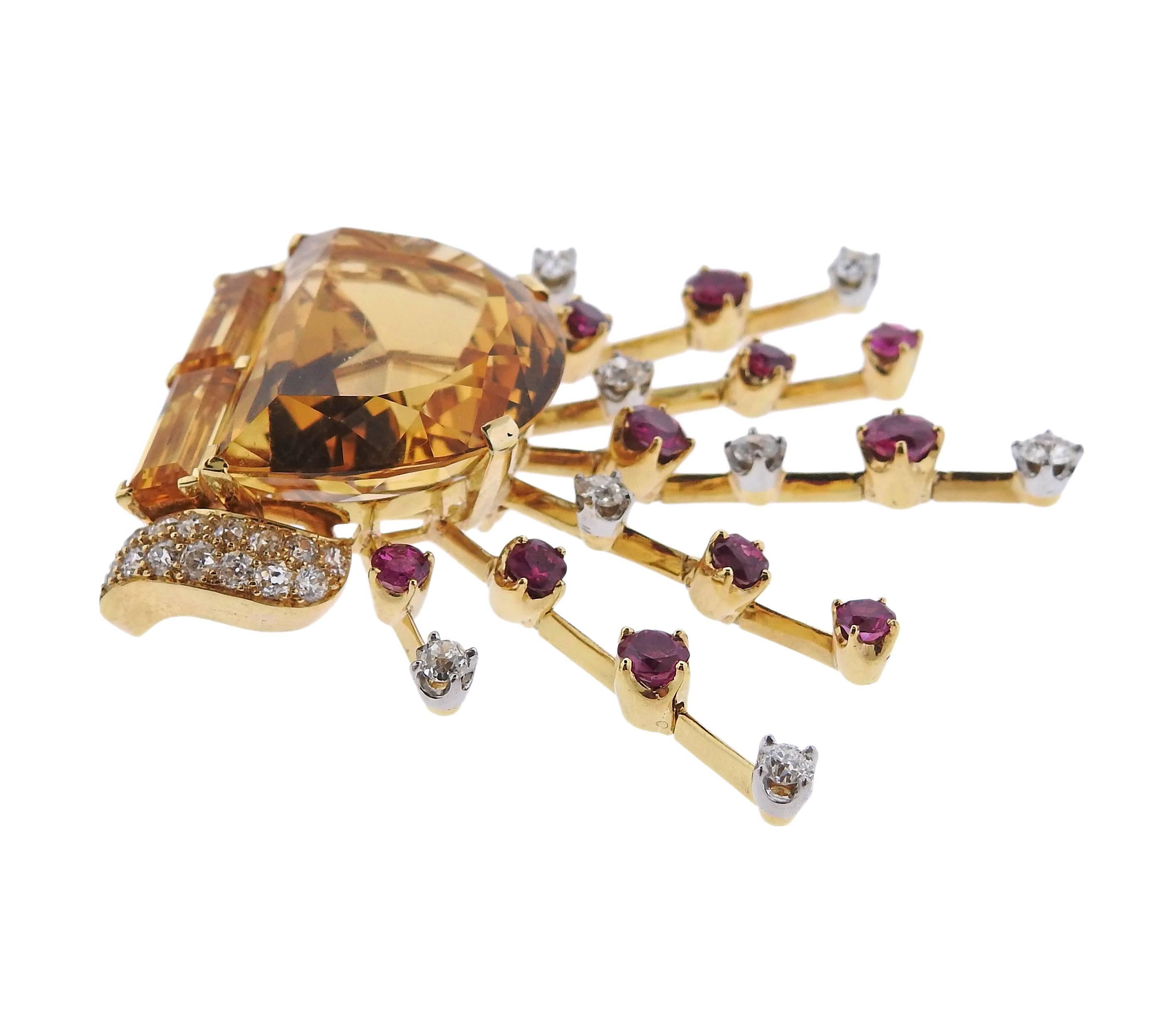 Women's or Men's Retro Citrine Diamond Ruby Gold Earrings Brooch Suite
