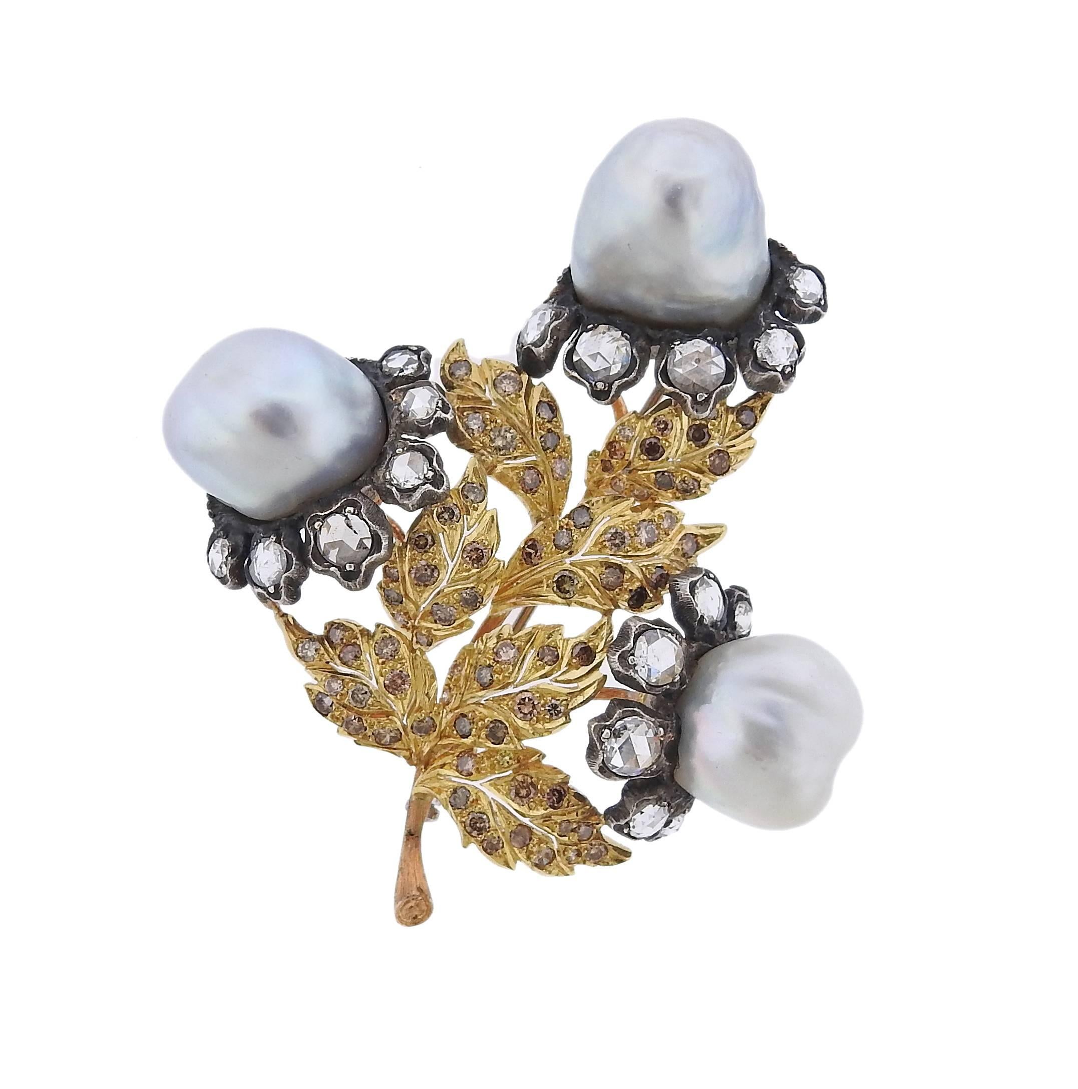 Buccellati Baroque Pearl Diamond Gold Silver Brooch