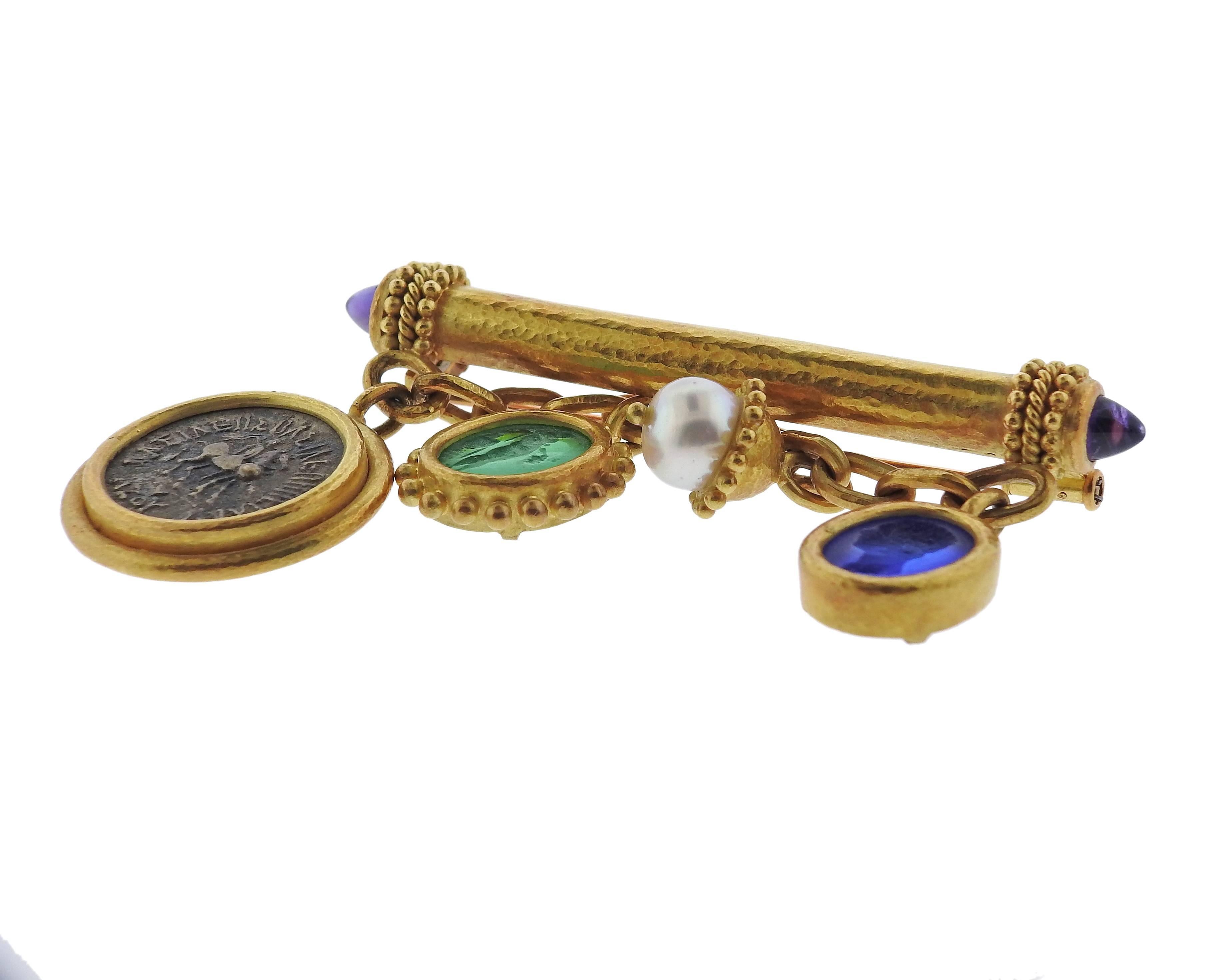Elizabeth Locke Intaglio Coin Pearl Gold Charm Brooch In Excellent Condition In Lambertville, NJ