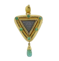 Elizabeth Locke Lava Cameo Emerald Gold Brooch Pendant