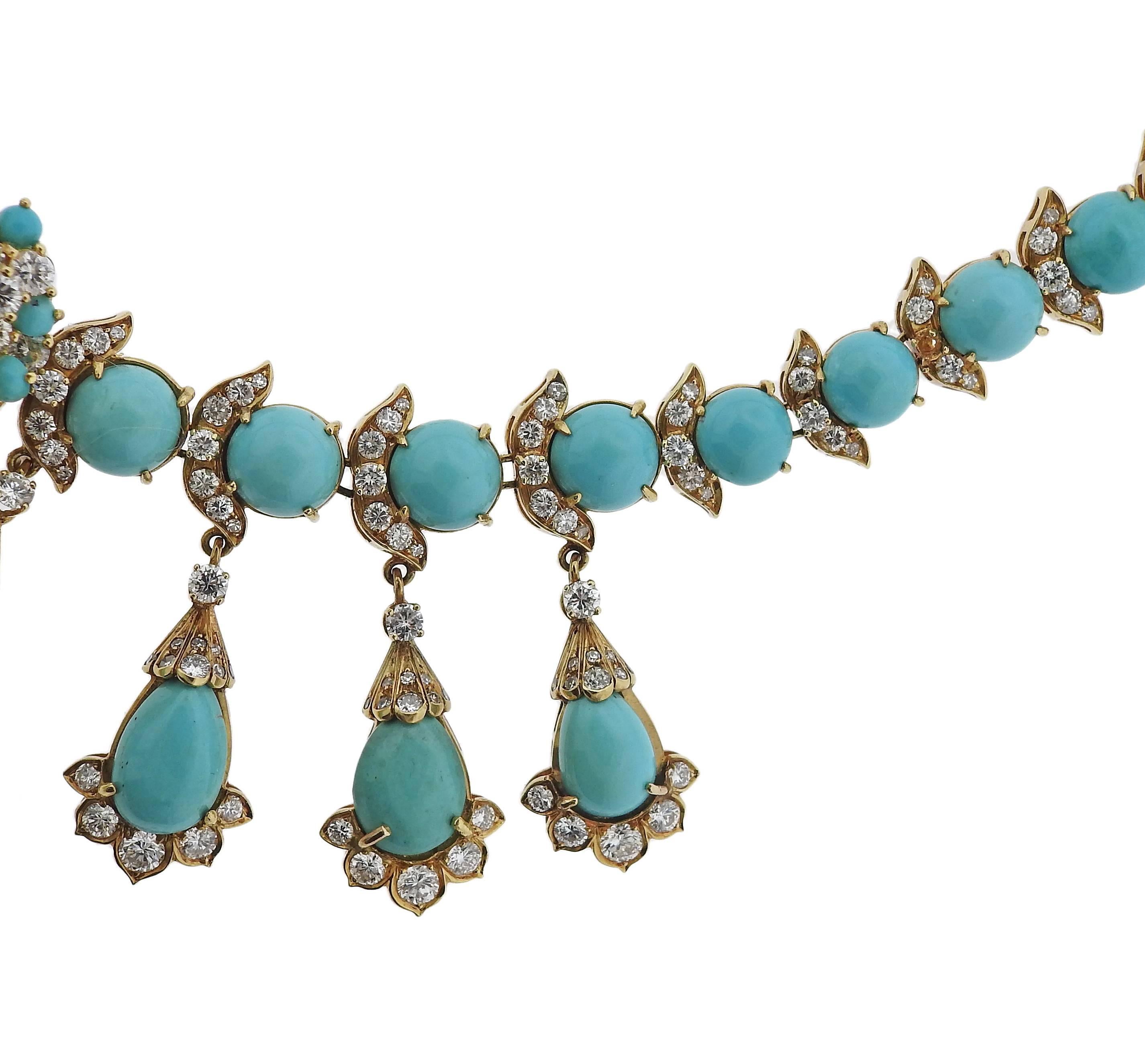 1960s Diamond Turquoise Gold Necklace Brooch In Excellent Condition In Lambertville, NJ