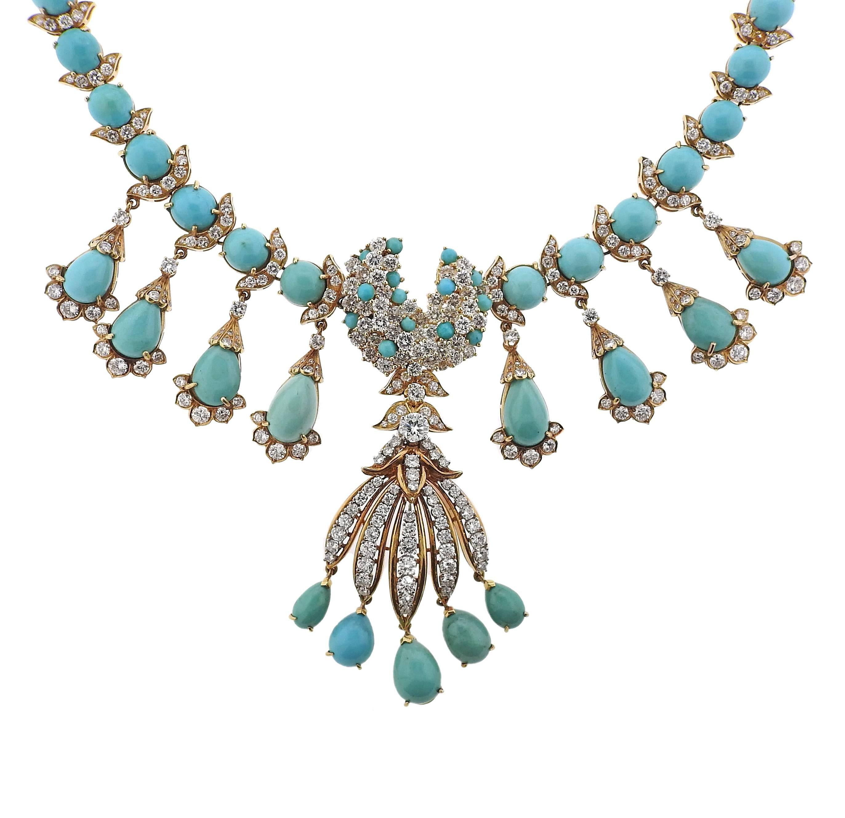 Gorgeous 18k yellow gold necklace, 16" long, drops are 45mm long; set with turquoise and approximately 6.00 - 6.50ctw in diamonds, featuring versatile detachable drop pendant, that can also be worn as a brooch - measuring 78mm x 30mm, set with