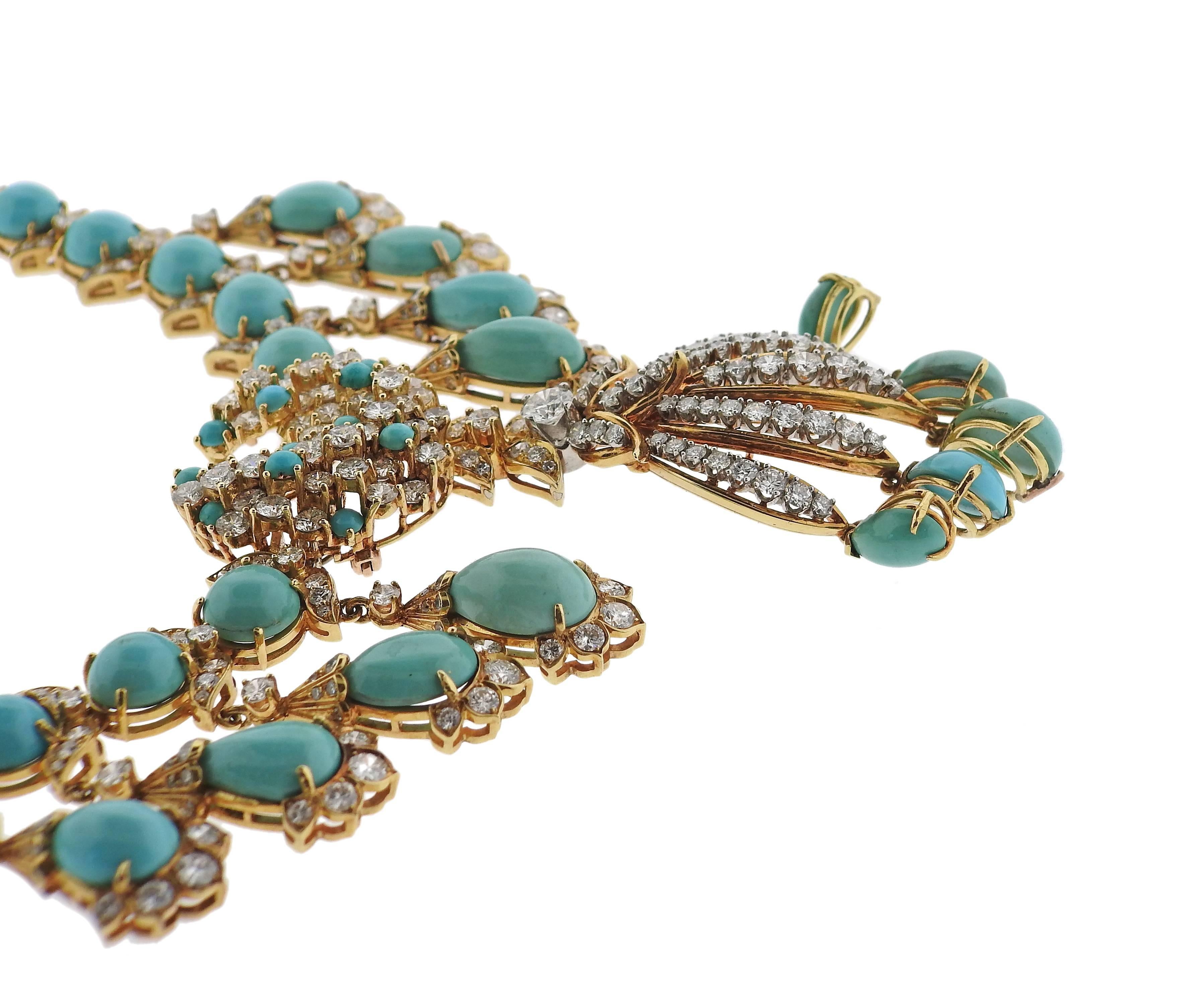 Women's 1960s Diamond Turquoise Gold Necklace Brooch
