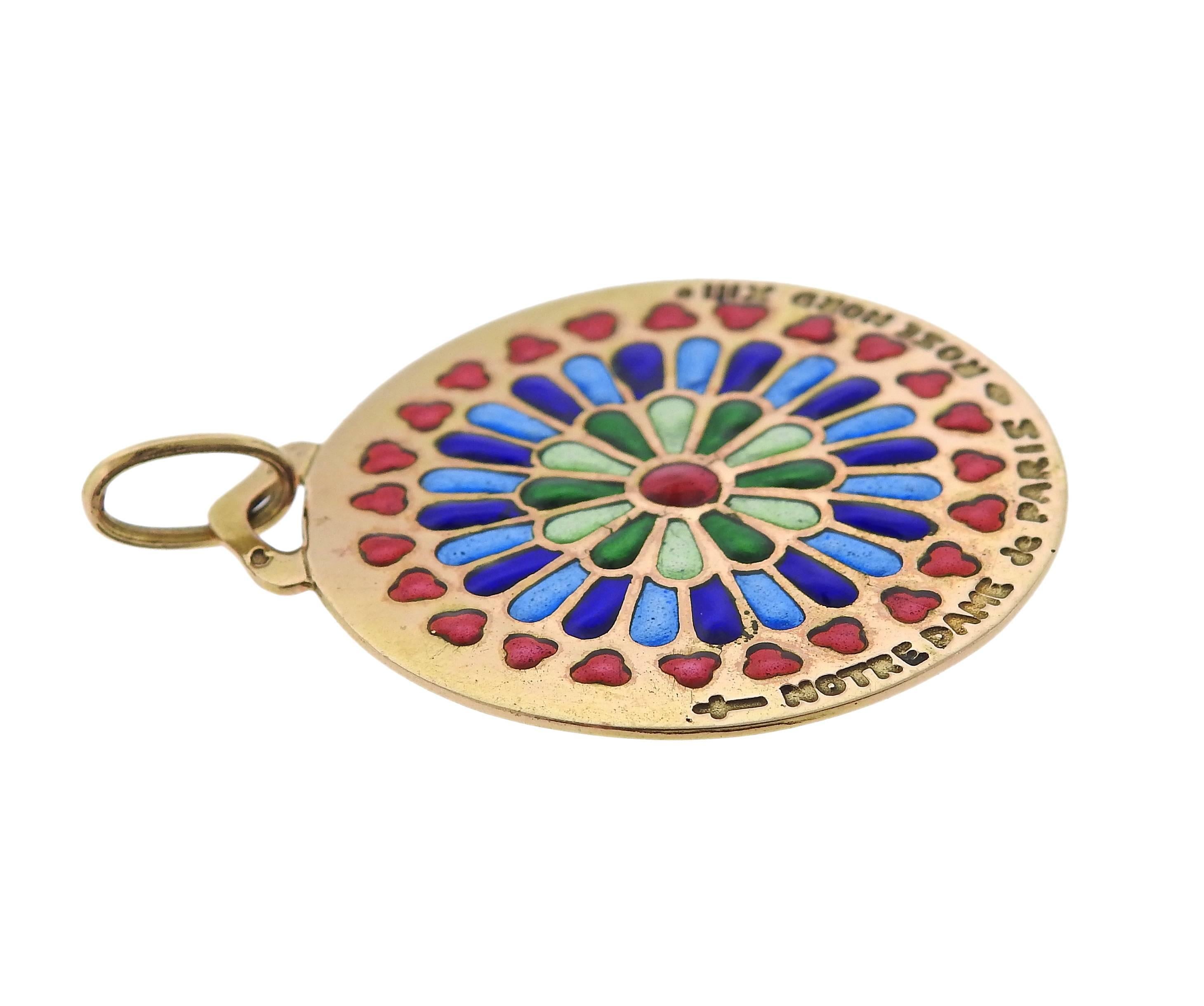 Antique 18k gold pendant, crafted in France, set with Plique a Jour enamel. Pendant is 35mm in diameter. Marked: Notre Dame de Paris Rose Nord XIII, French gold assay mark Weight of the piece - 7.6 grams.